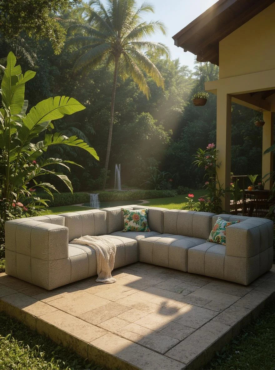 Modulares Garten-Lounge-Set Marshmallow, 5er-Set: L-förmiges Sofa auf Steinterrasse mit zwei Blumenkissen und cremefarbener Decke, umgeben von üppigen Pflanzen, ideal für individuelle, nachhaltige Outdoor-Gestaltung.