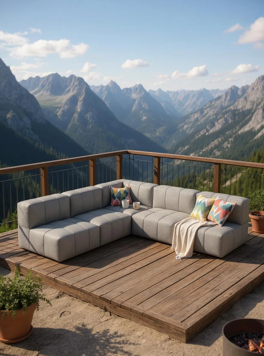 Modulares Garten-Lounge-Set Marshmallow, 5er-Set auf einer Bergterrasse, umfasst ein L-förmiges Sofa mit geometrischen Kissen, Decke und Tassen, umgeben von Bergen und Pflanzen, ideal für entspannte Momente.