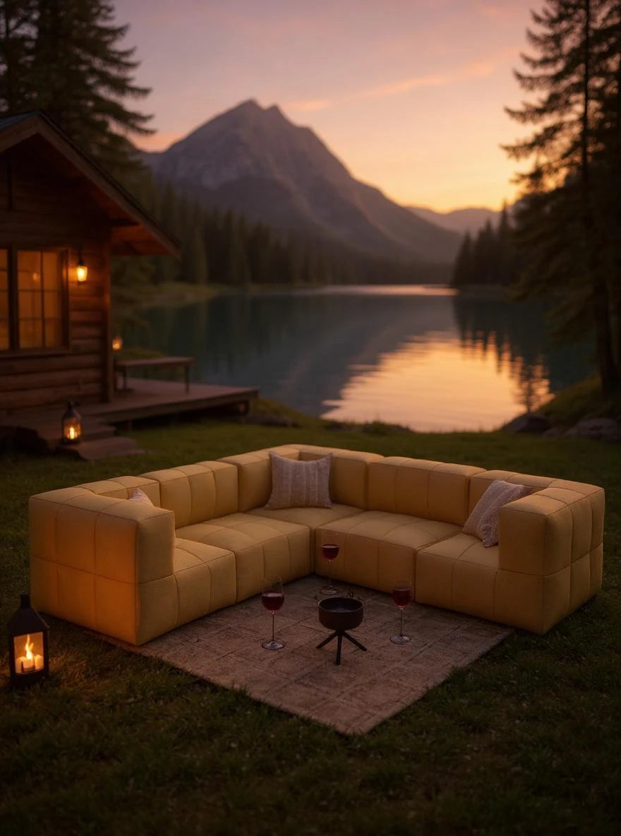 Modulares Garten-Lounge-Set Marshmallow, 5er-Set, auf einem gewebten Teppich am See. Vordergrund: Weingläser und Feuerstelle neben dem Sofa. Hintergrund: Abendliches See- und Bergpanorama.