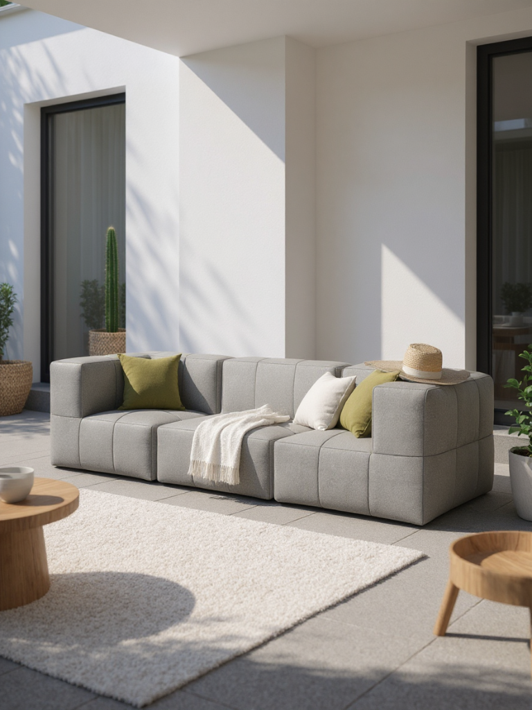 Modulares Garten-Lounge-Set Marshmallow, 3er-Set: Graues, kubisches Sofa mit grünen und weißen Kissen, Strohhut, Holz-Couchtisch auf hellem Teppich, umgeben von Pflanzen, ideal für stilvolle, nachhaltige Außenbereiche.