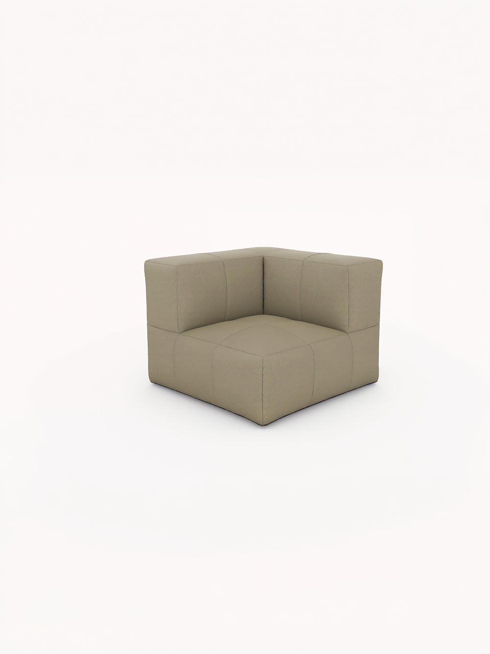 Der Marshmallow Bonbon Ecke von Finqa: ein beige, würfelförmiges Sofamodul mit zwei niedrigen Rückenlehnen, inspiriert von Marshmallows, ideal für individuelle, nachhaltige Outdoor-Lounge-Kreationen.