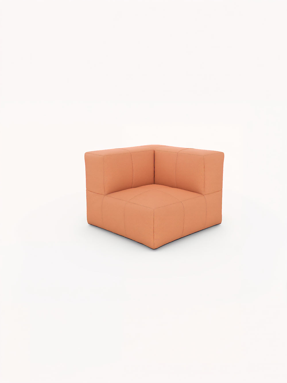 Marshmallow Bonbon Ecke: Modul eines modularen Sofas von Finqa, mit warmem orangefarbenem Stoff und quadratischer Steppung, inspiriert von Marshmallows, ideal für individuelle, nachhaltige Outdoor-Lounges.