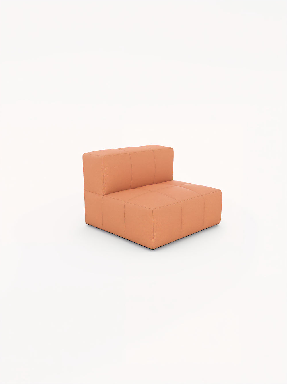 Marshmallow Bonbon Einzelsitz: Ein armloser, terrakottafarbener Sofamodul mit niedrigem Rücken und geometrischem Design, inspiriert von Marshmallows, bietet Flexibilität und Nachhaltigkeit für individuelle Lounge-Gestaltung.