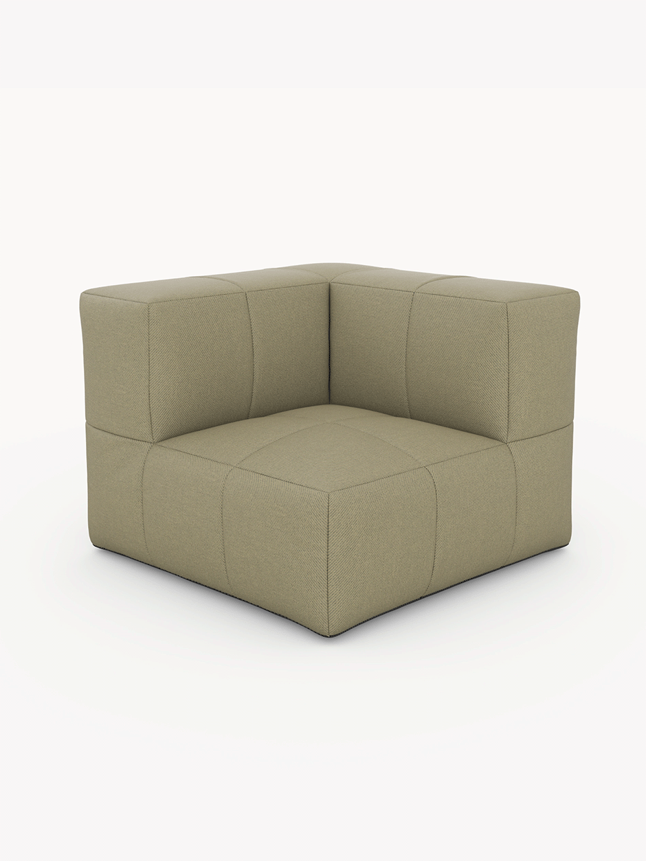 Modulares Garten-Lounge-Set Marshmallow, Eckeinheit, zeigt ein modernes, blockartiges Design mit quadratischer Steppung. Es ist ein flexibles, umweltfreundliches Modul aus recyceltem Material, ideal für individuelle Lounges.