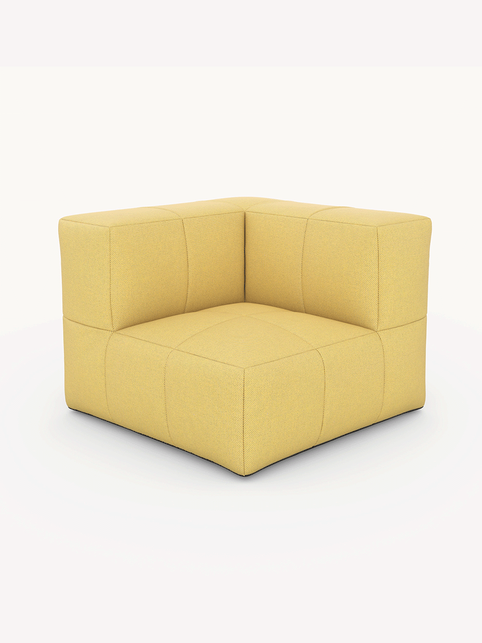 Modulares Garten-Lounge-Set Marshmallow, 5er-Set: Ein einzelnes, senfgelbes Sofamodul mit 90-Grad-Rückenlehne, inspiriert von Marshmallow-Formen, ideal für flexible, nachhaltige Outdoor-Gestaltungen von Finqa GmbH.