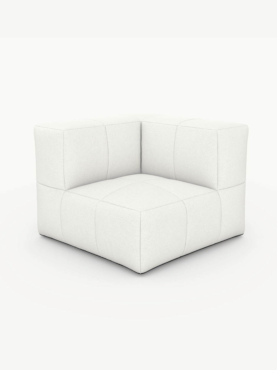 Modulares Garten-Lounge-Set Marshmallow: Ein modernes, weiß gepolstertes Eckmodul mit tuftiertem Gittermuster, inspiriert von Marshmallows, ideal für flexible, nachhaltige Outdoor-Sofas von Finqa GmbH.