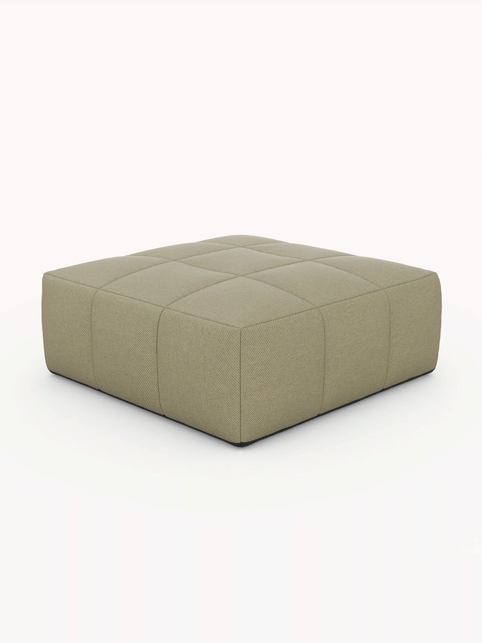 Babymax, 4er-Set: Quadratischer, niedrig gepolsterter Pouf mit leichtem Oliv-Beige-Stoff und dezentem Rautenmuster. Perfekt für das modulare Finqa Marshmallow Sofa-Lounge-Set, inspiriert von kindlichen Marshmallow-Erinnerungen.