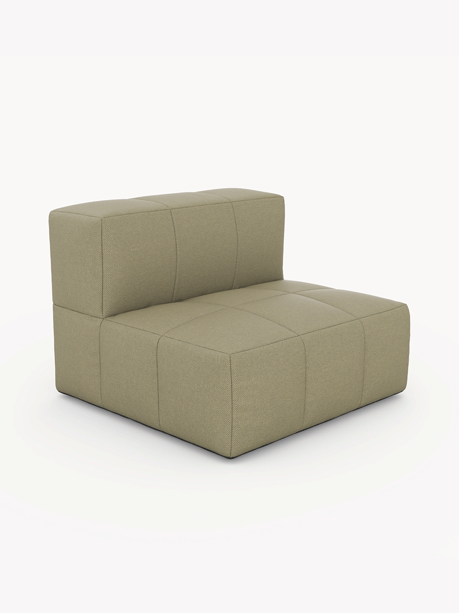 Einzelnes Modul des Modulares Garten-Lounge-Set Marshmallow, 5er-Set: Armloser, gepolsterter Sitz in olivgrünem Stoff mit getufteter Rückenlehne. Teil eines nachhaltigen, stilvollen Sofas von Finqa GmbH.