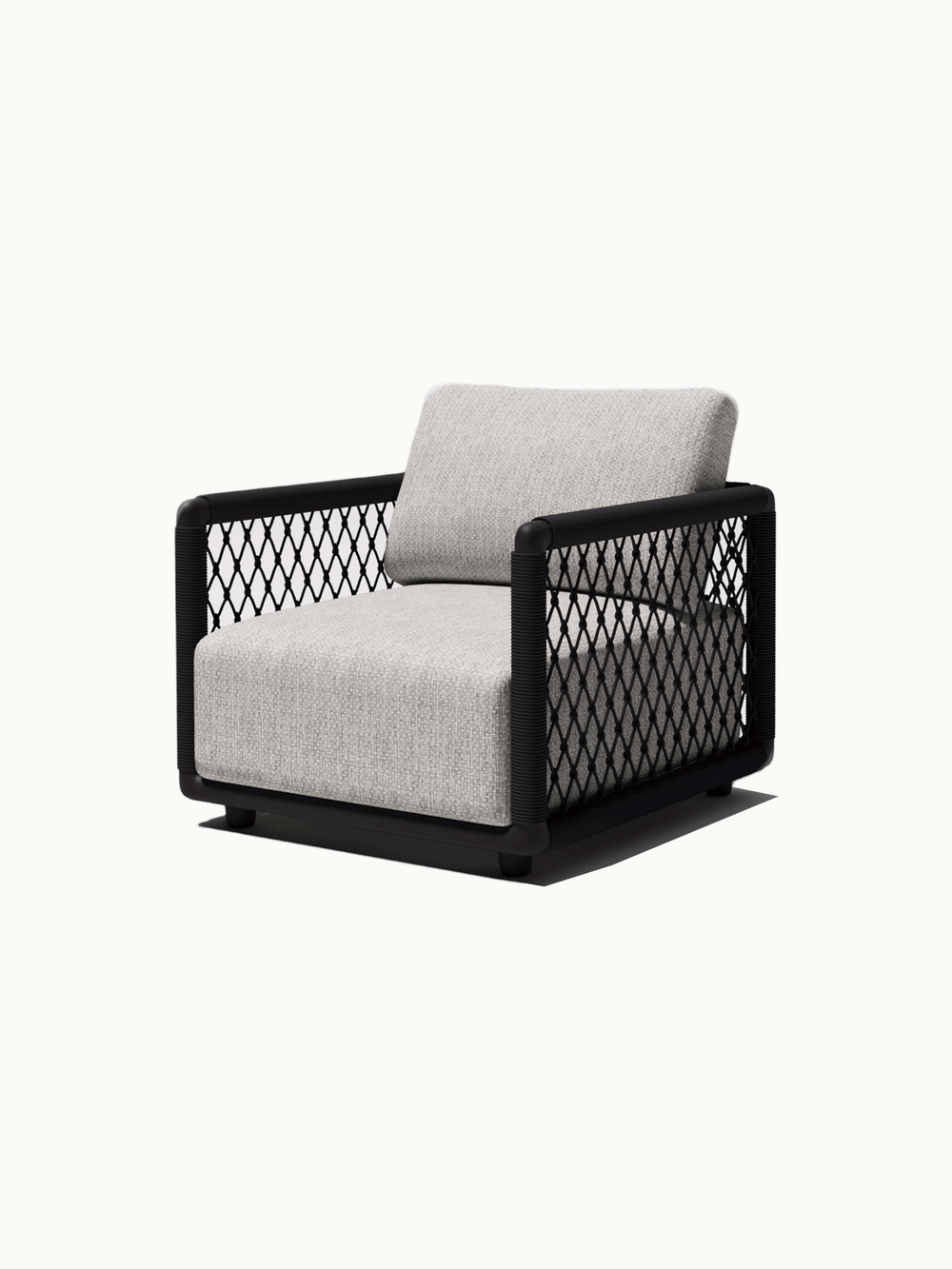 Mykonos Garten Ecklounge (3-Sitzer), ein moderner Lounge-Sessel mit grauem Stoffbezug. Schwarzes, mit Seil umwickeltes Gestell in Diamantmuster, kleine runde Füße. Ideal für elegantes, modulares Outdoor-Wohnen von Finqa GmbH.
