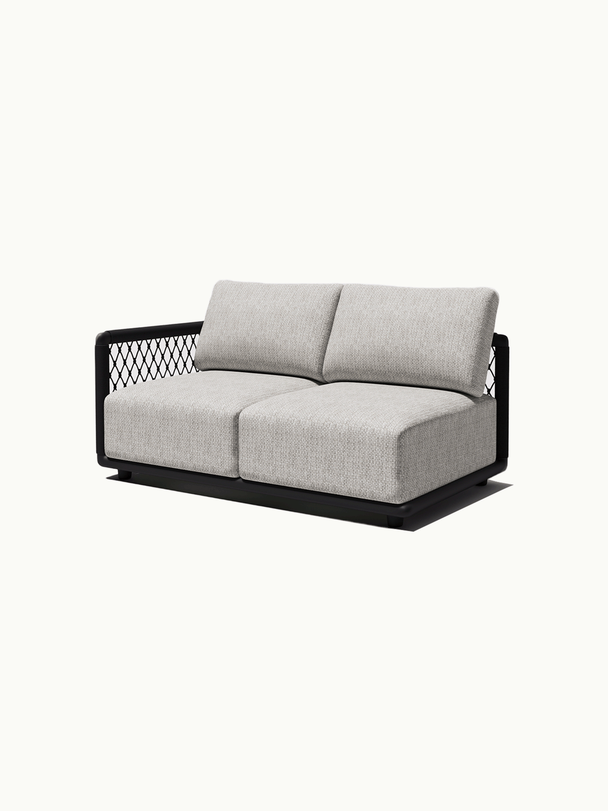 Mykonos Garten Ecklounge 2-Sitzer mit einer Armlehne: Modernes Zweisitzer-Modul mit hellgrauen Polstern auf dunklem Sockel, schwarzen Metallrahmen und Seil- oder Gittereinsatz, ideal für stilvolle, wetterfeste Outdoor-Bereiche.