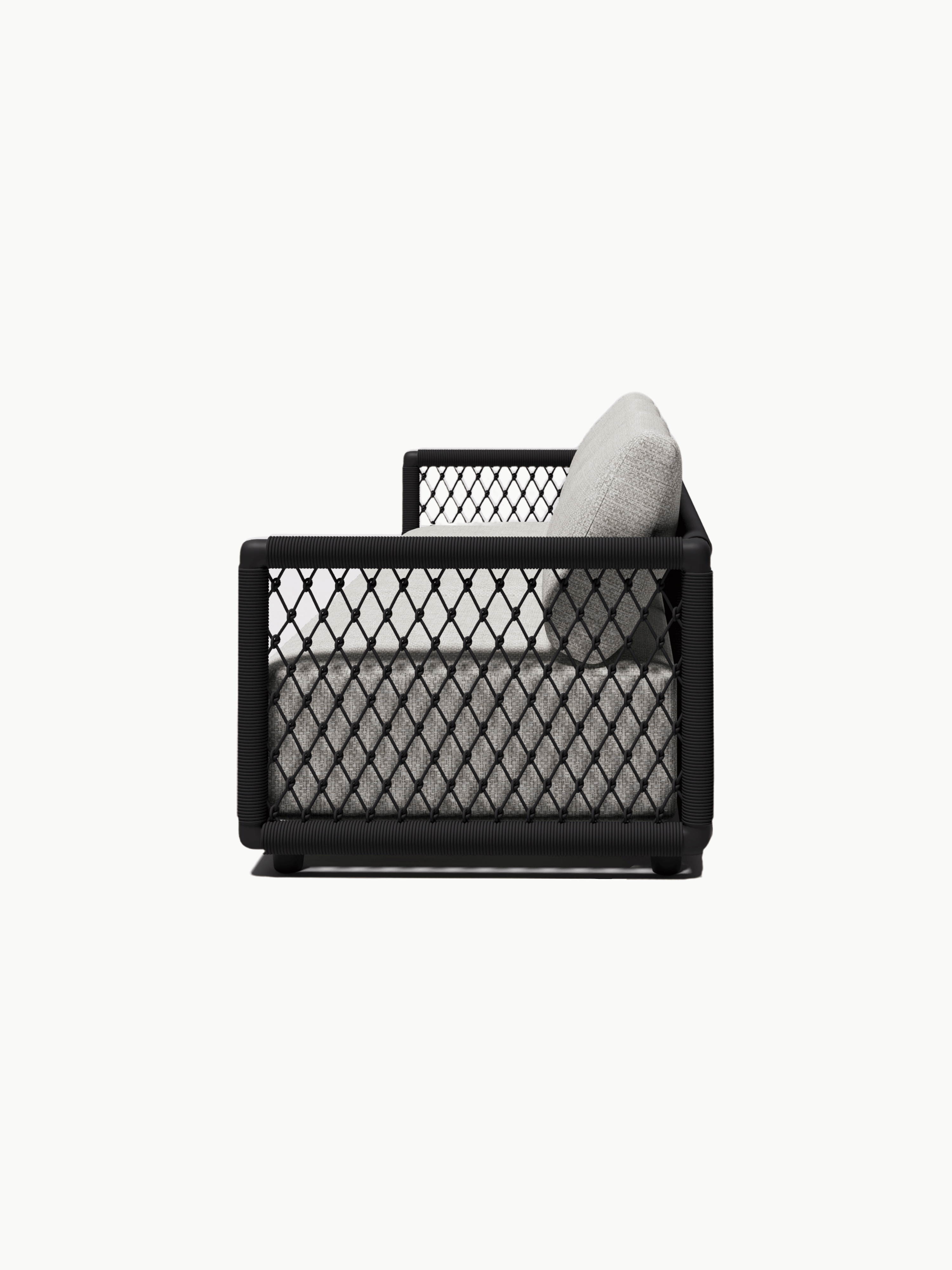 Mykonos Garten Ecklounge Set, 2er-Set: Seitliche Ansicht eines modernen Lounge-Sofas mit schwarzem Metallrahmen und Seilgeflecht, ausgestattet mit dickem, hellgrauem Sitzpolster und passendem Rückenkissen. Ideal für flexible Gartengestaltung.