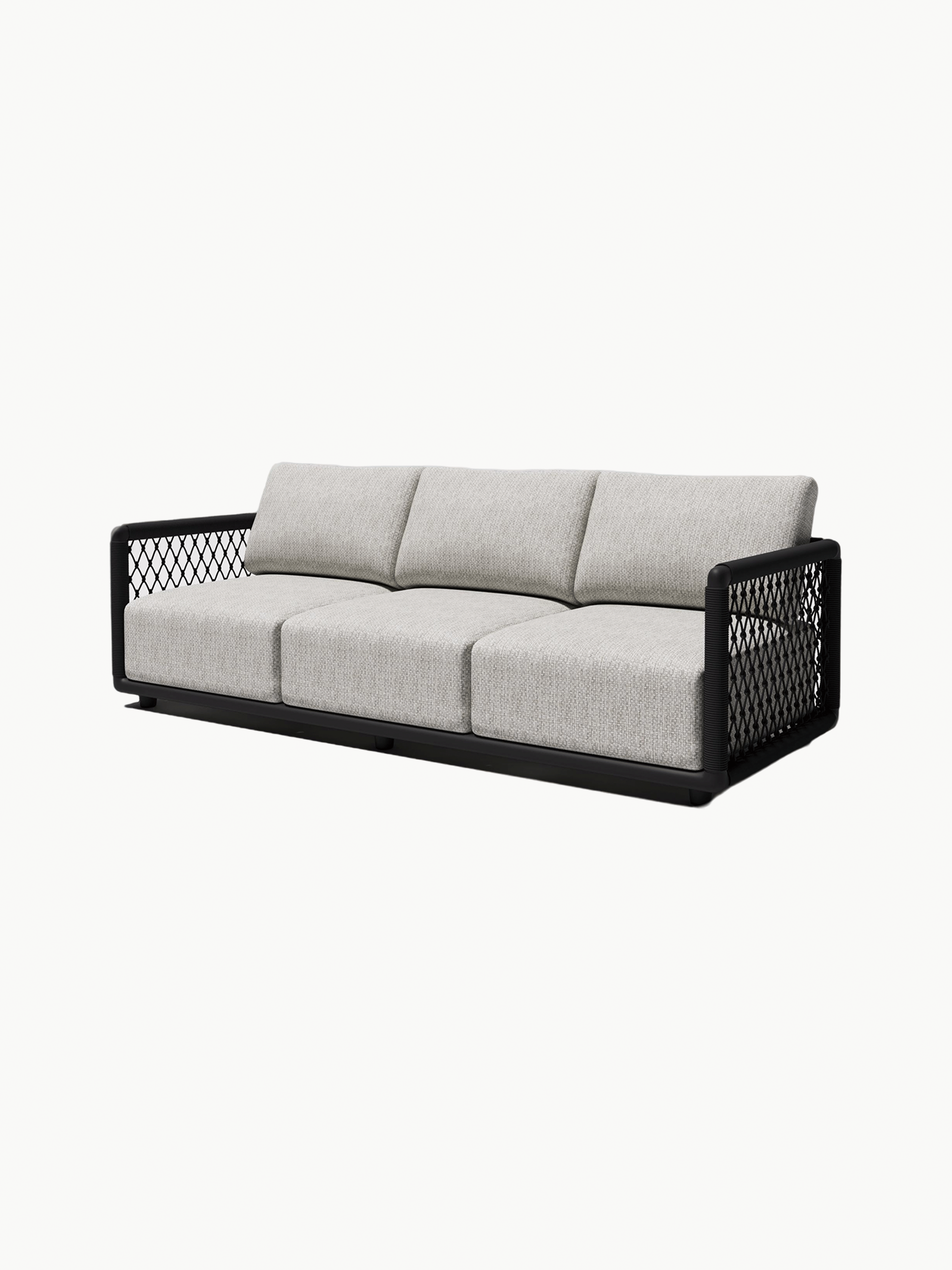 Das Mykonos Garten Ecklounge Set, 3er-Set, präsentiert sich mit modernen, hellgrauen Polstern in einem schwarzen Rahmen. Die seitlichen Geflecht-Details betonen das stilvolle, zeitgemäße Design von Finqa GmbH.