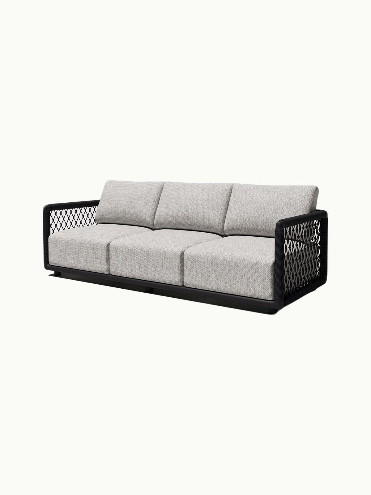 Mykonos Garten Ecklounge 2-Sitzer mit einer Armlehne, ein modernes Sofa mit hellgrauen Polstern in einem niedrigen schwarzen Rahmen, dessen offene Seiten aus gewickeltem Seil bestehen, ideal für stilvolle Outdoor-Gestaltung.