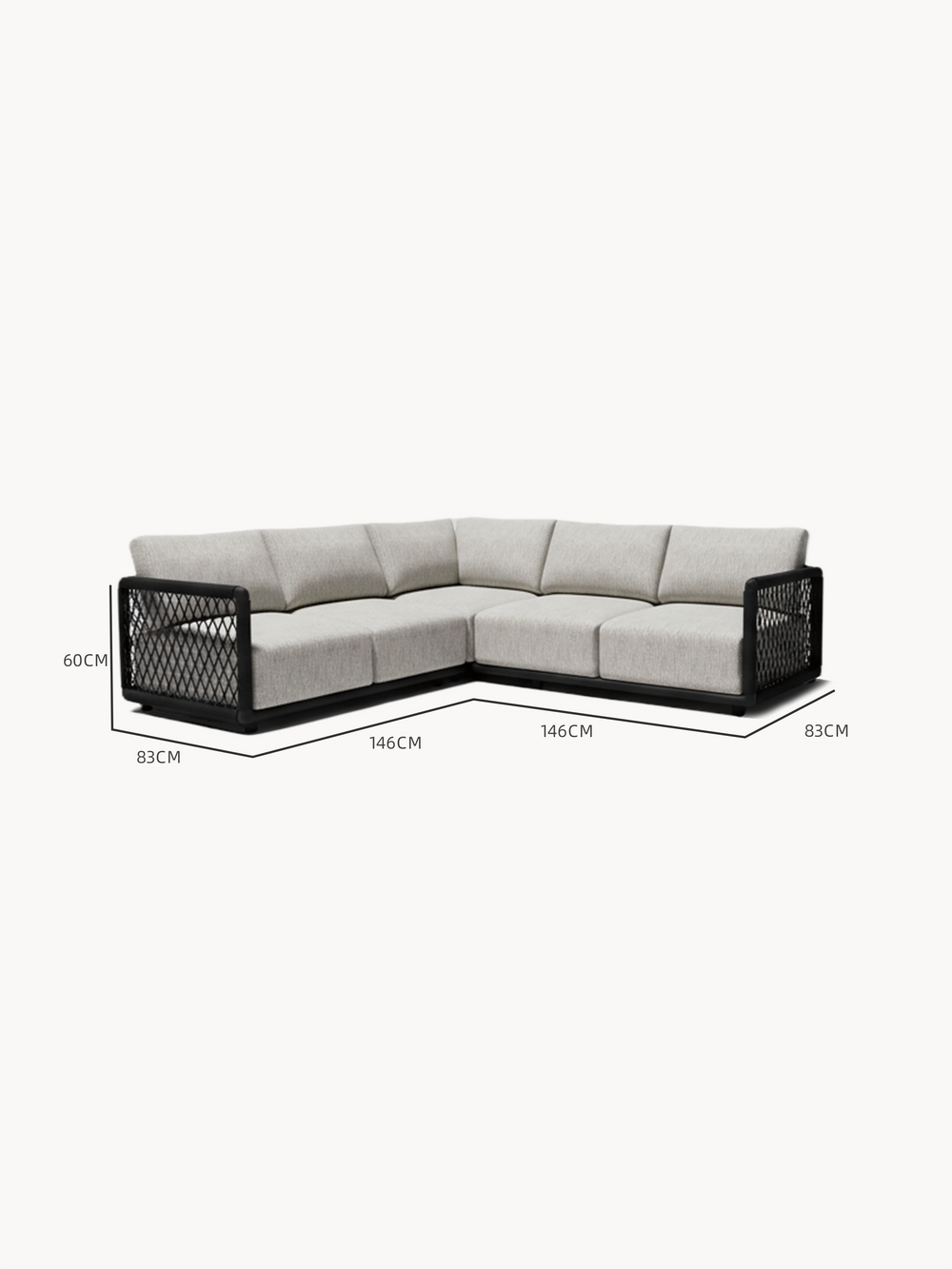 Mykonos Garten Ecklounge Set, 2er-Set: L-förmiges, hellgraues Sofa mit schwarzem Rahmen und geflochtenen Seitenpaneelen. Abmessungen: 83 cm tief, Sitzhöhe 60 cm, 146 cm pro Arm. Ideal für stilvolle Outdoor-Bereiche.