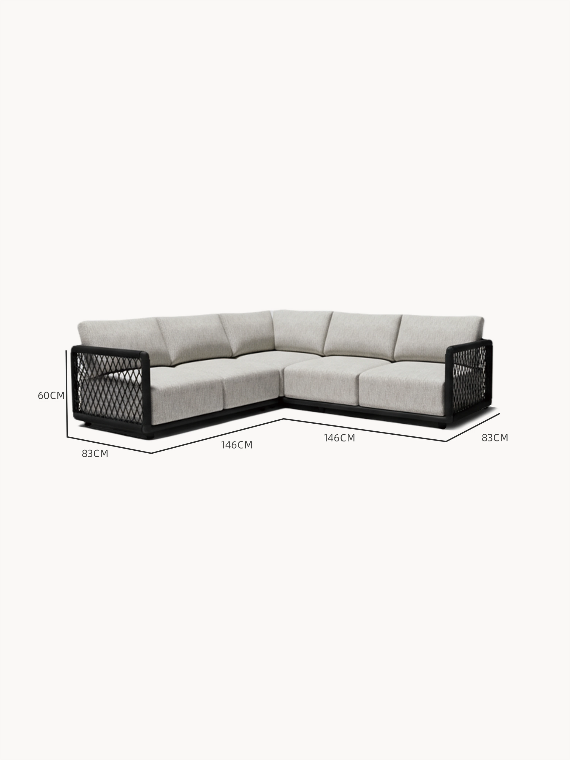 Mykonos Garten Ecklounge Set, 2er-Set: L-förmiges, hellgraues Sofa mit schwarzem Rahmen und geflochtenen Seitenpaneelen. Abmessungen: 83 cm tief, Sitzhöhe 60 cm, 146 cm pro Arm. Ideal für stilvolle Outdoor-Bereiche.