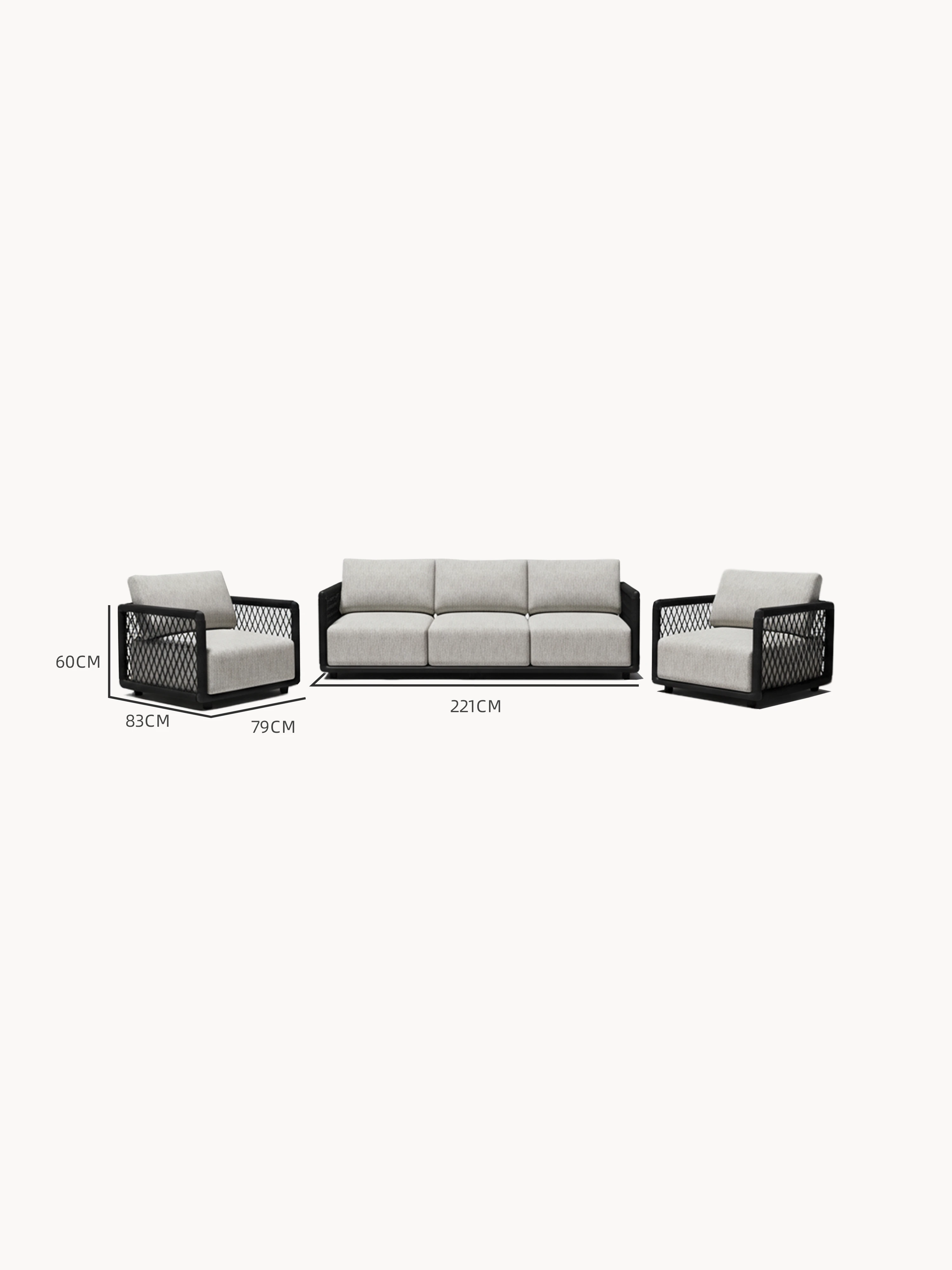 Mykonos Garten Ecklounge Set, 3er-Set: Dreiteiliges Sitzset mit schwarzem Lattengestell und hellgrauen Polstern, bestehend aus zwei 83x79 cm Sesseln und einem 221 cm Sofa.