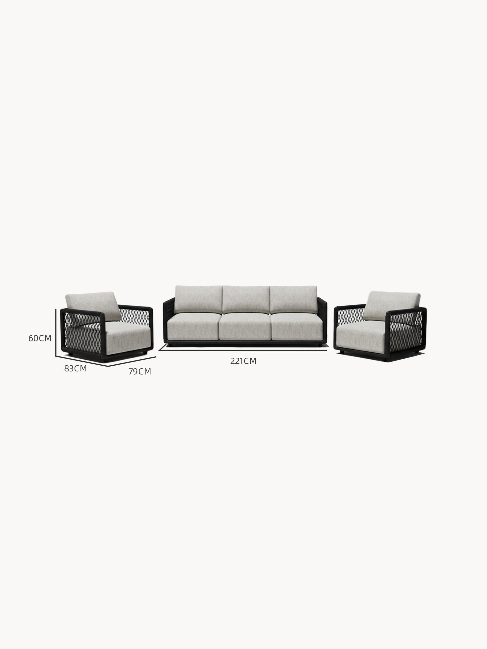 Mykonos Garten Ecklounge Set, 3er-Set: Dreiteiliges Sitzset mit schwarzem Lattengestell und hellgrauen Polstern, bestehend aus zwei 83x79 cm Sesseln und einem 221 cm Sofa.