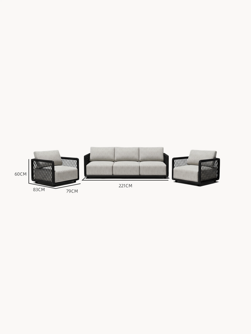 Mykonos Garten Ecklounge Set, 3er-Set zeigt zwei Sessel und ein Dreisitzer-Sofa mit hellgrauen Polstern auf schwarzem Rahmen, ideal für stilvolle, modulare Outdoor-Gestaltungen.