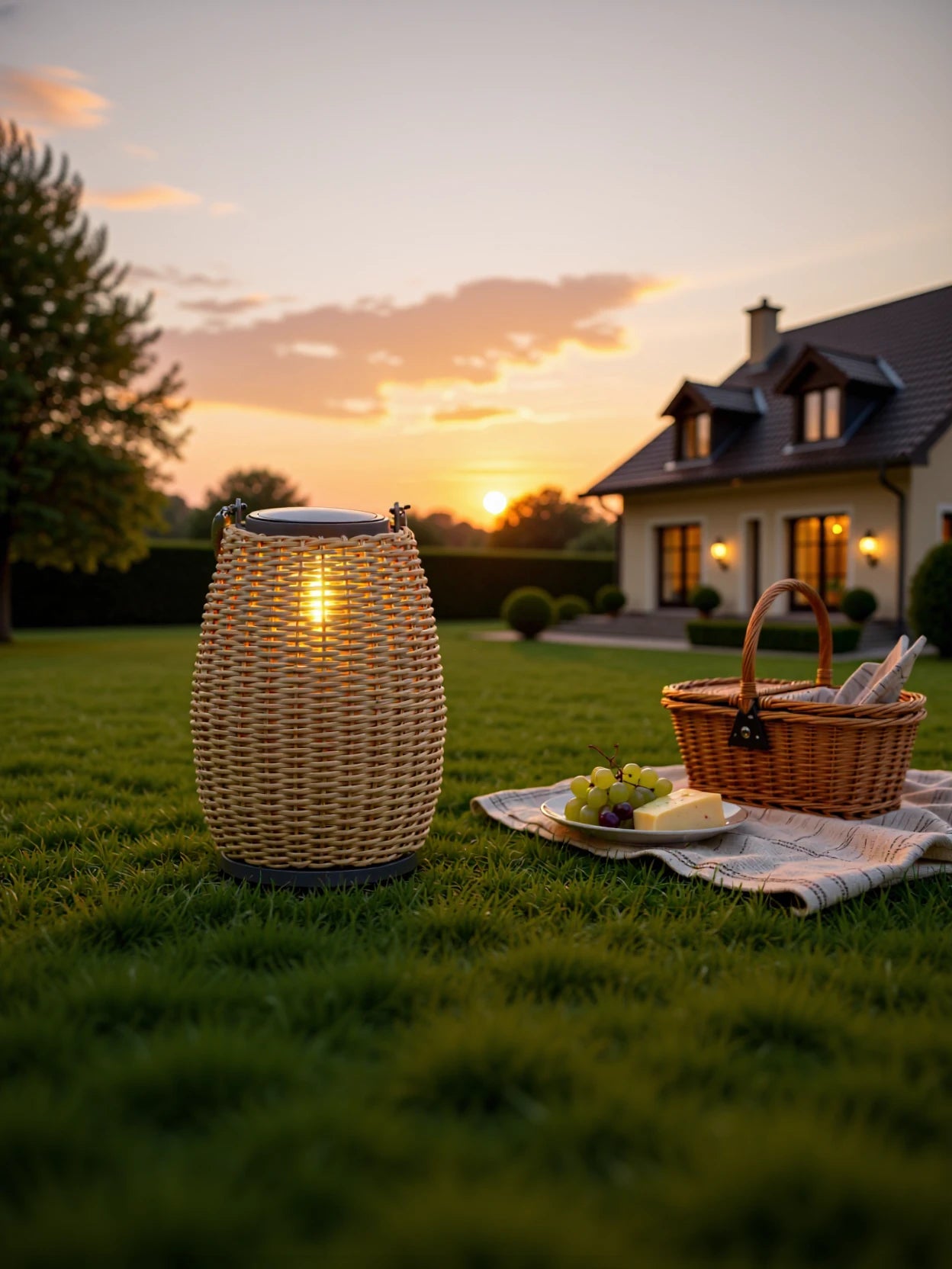 Heidelberg Solar Gartenlampe Aluminium Pulverbeschichtung - Bucheoptik 40cm leuchtet warm im Garten, neben einem Picknickkorb und Käseteller, bei einem gemütlichen Sonnenuntergang, umgeben von gepflegtem Grün.