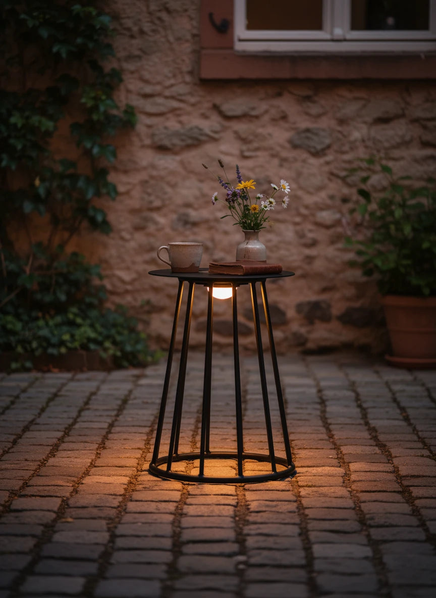 Cuenca Multifunktionale Solar Gartenleuchte und Koffee Tisch Aluminium Pulverbeschichtung Kohle auf Pflasterstein-Terrasse, mit keramischer Tasse, Buch, Vase mit Wildblumen; Licht strahlt sanft nach unten.