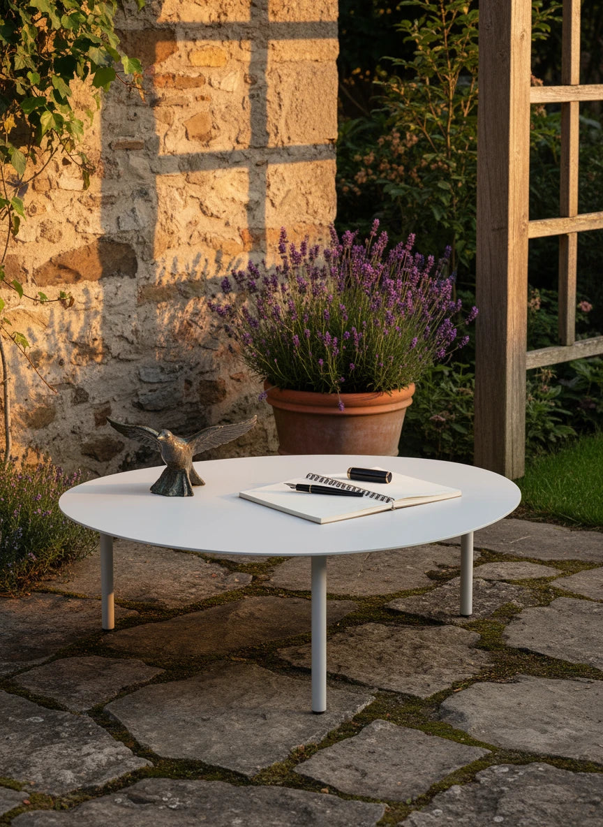 Valencia-L Lounge Beistelltisch aus Aluminium-Pulverbeschichtung, eiförmig, steht auf einer Stein-Terrasse, mit Vogel-Figur, Notizbuch und Stift, flankiert von Lavendel in einem Terrakotta-Topf.