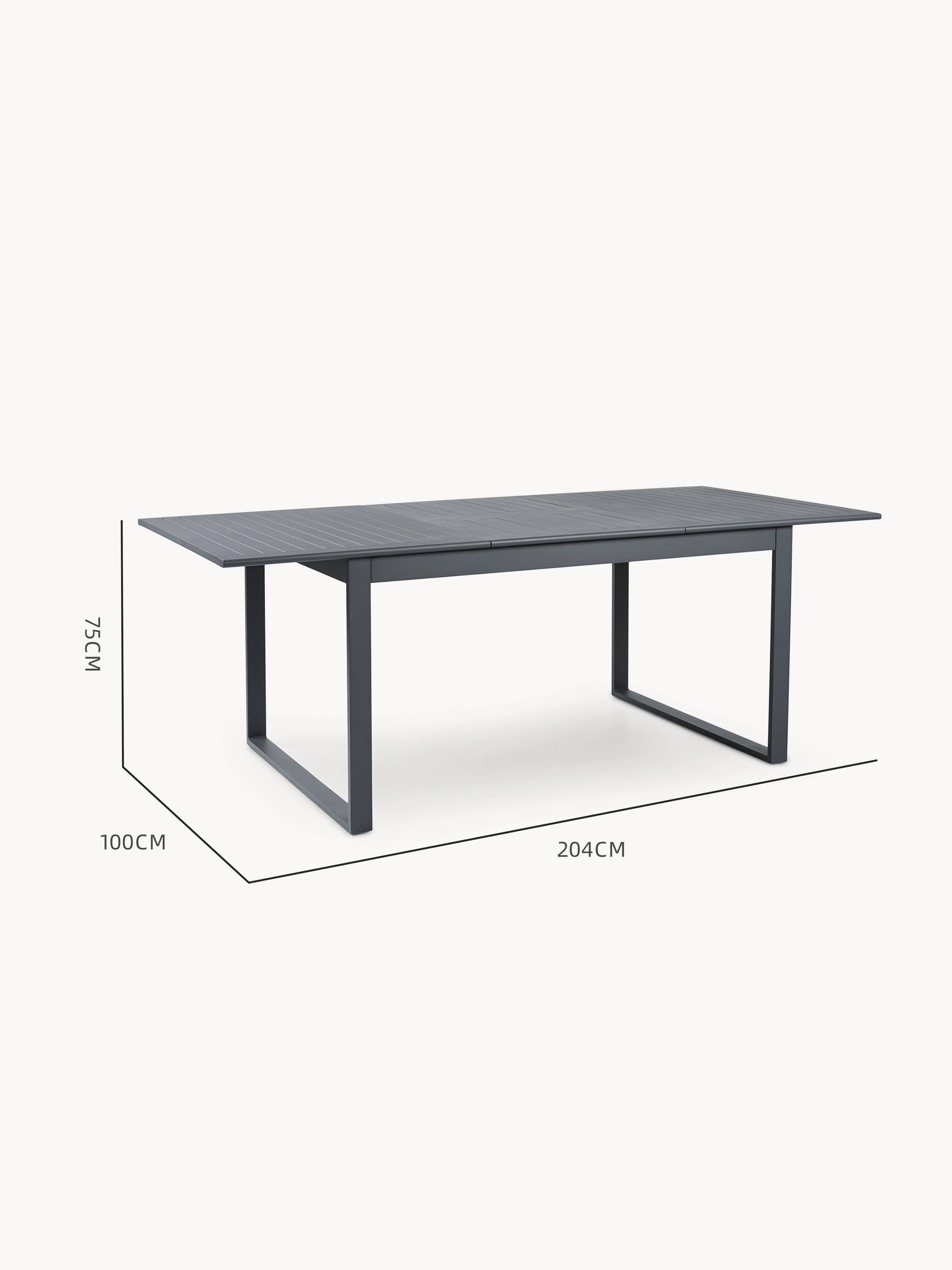 Warschau Ausziehbarer Esstisch Aluminium-Pulverbeschichtung Rechteckig Dunkelgrau mit slatted top und U-förmigen Beinen, ideal für 4-10 Personen, anpassbar für verschiedene Esssituationen, langlebig und wetterfest.