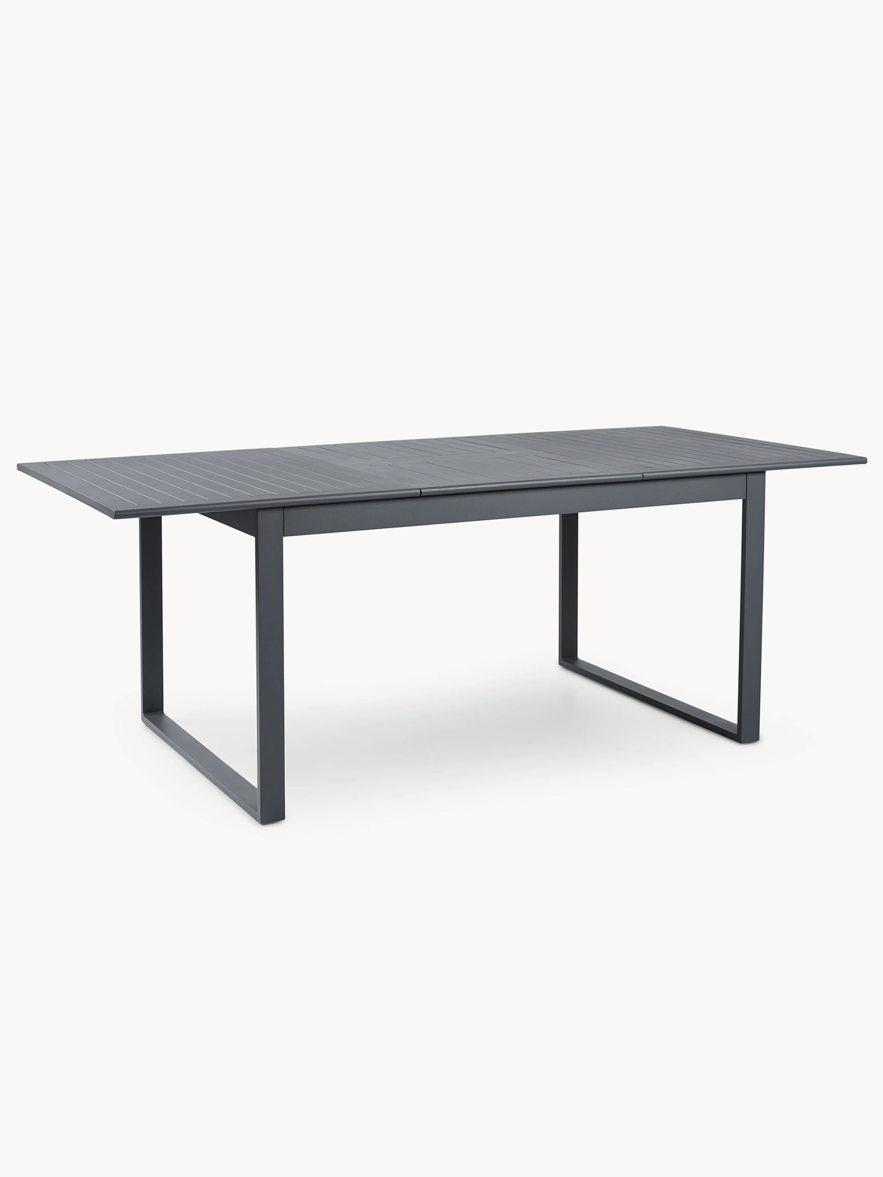 FINQA Warschau Ausziehbarer Esstisch mit robuster Aluminiumtischplatte und schwarzen Metallbeinen, ideal für flexible Outdoor-Essbereiche. Tisch zeigt modernes Design und funktionale Ausziehbarkeit für 4-10 Personen.