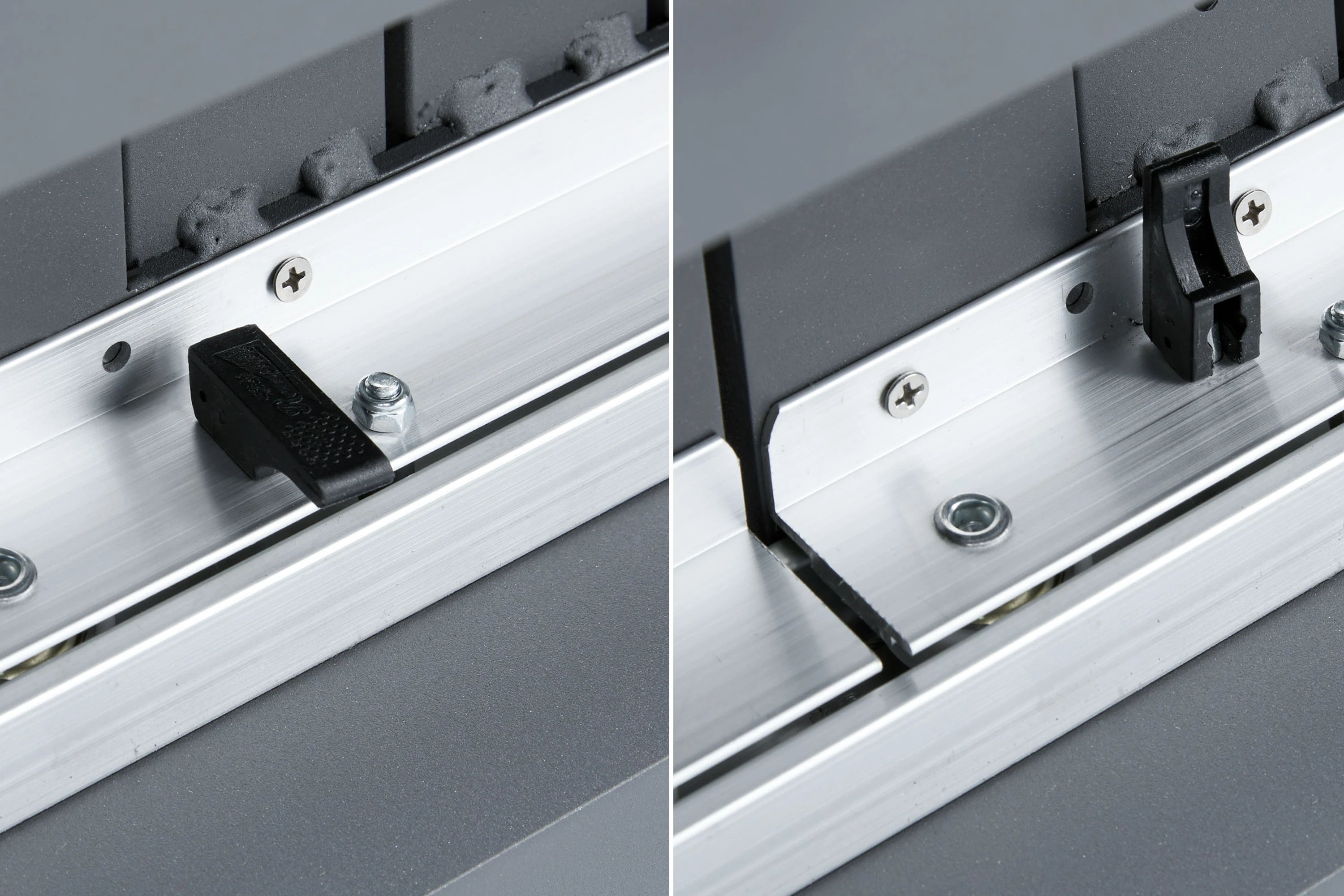 FINQA Warschau Ausziehbarer Esstisch mit robustem Aluminiumgestell und perforierter Tischplatte, zeigt Details von Schrauben und Bolzen, ideal für flexible Outdoor-Essbereiche, wetterfest und stilvoll.