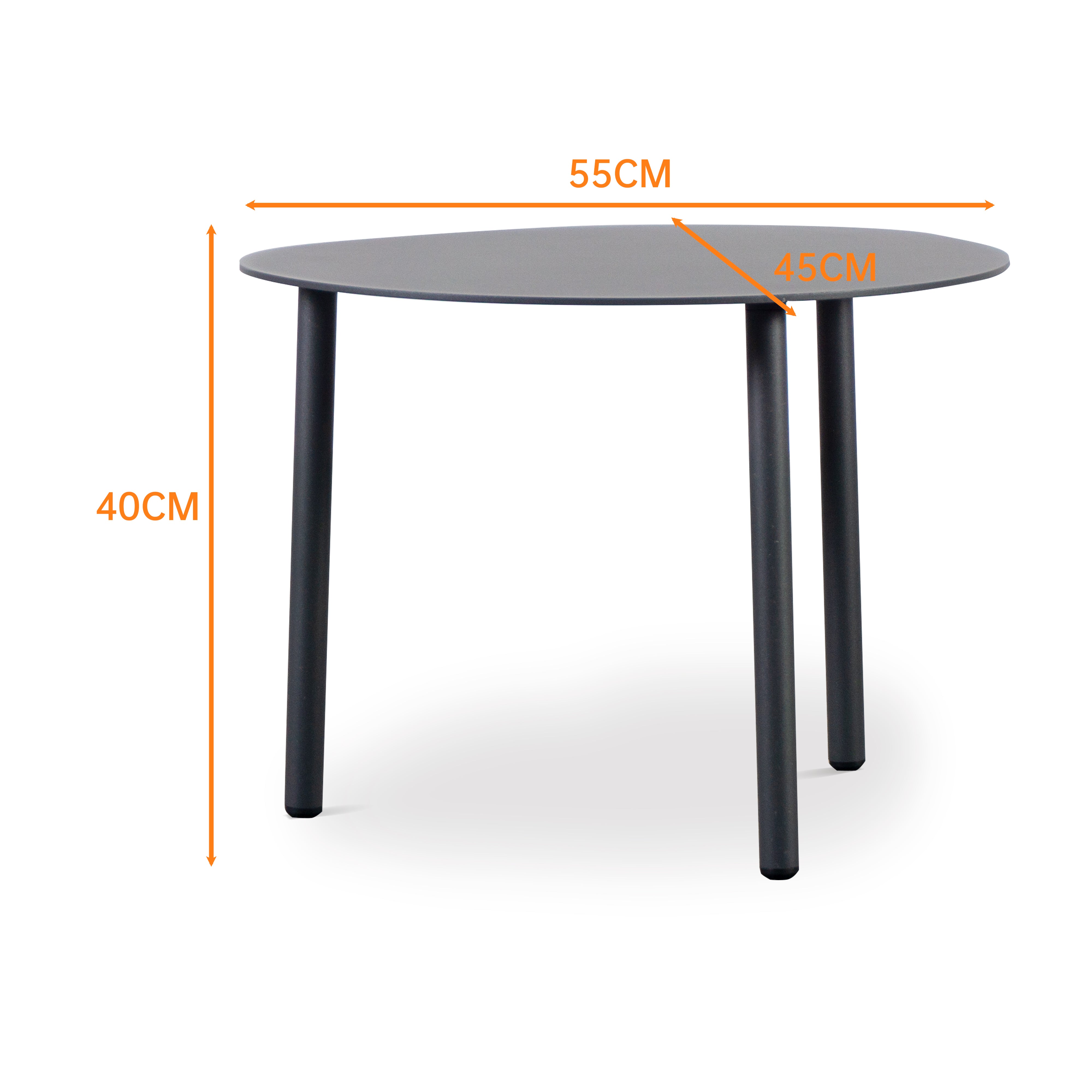 Finqa Valencia-S Lounge Beistelltisch, eiförmig, aus Aluminium-Pulverbeschichtung, 55/45/40 cm, perfekt als multifunktionaler Beistelltisch für Innen- und Außenbereiche, ideal für kompakte Räume.