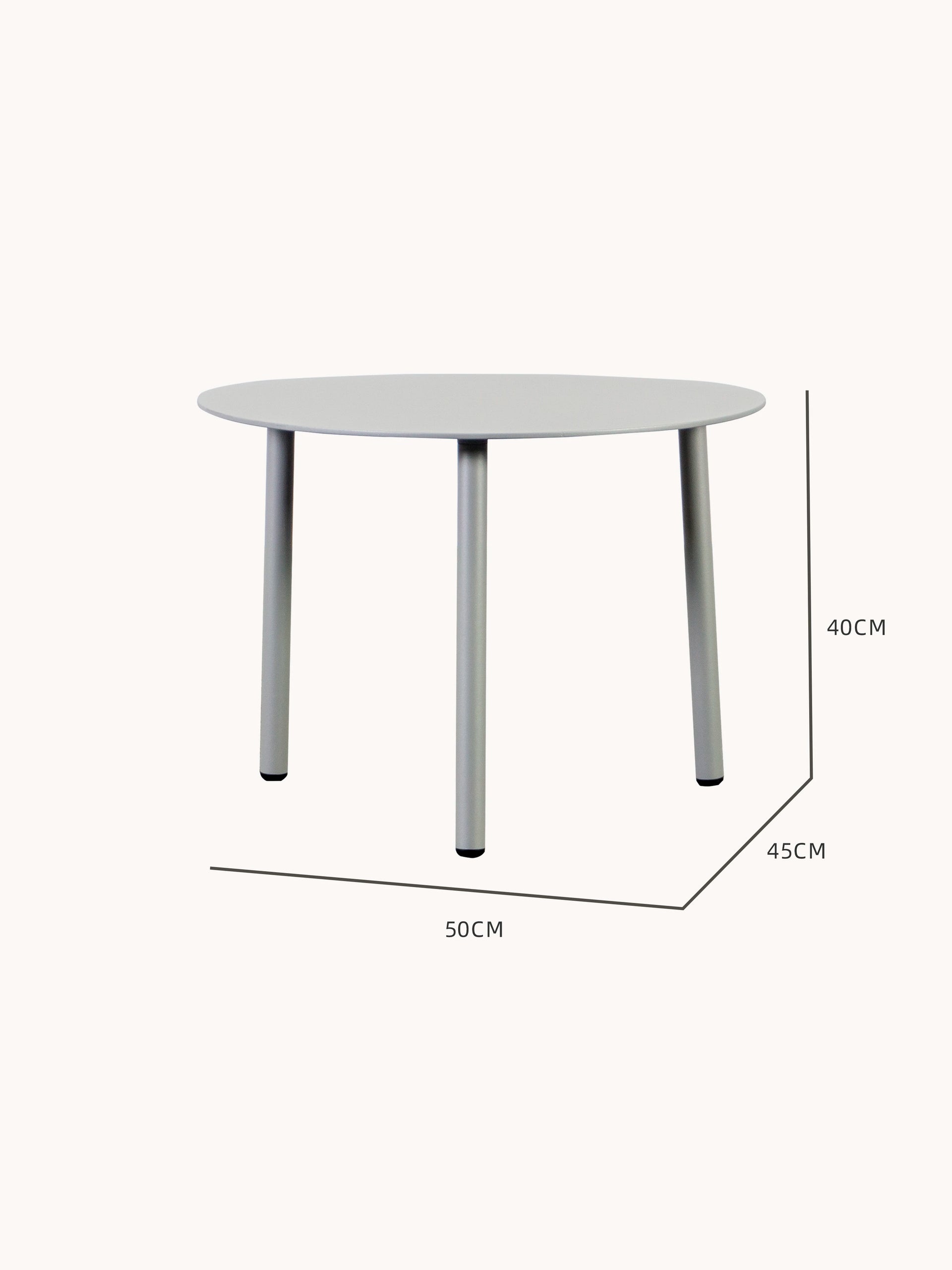 Valencia-S Lounge Beistelltisch Aluminium-Pulverbeschichtung Eiförmig-55/45/40 cm: Minimalistischer, runder Beistelltisch mit drei zylindrischen Beinen, 50 cm Durchmesser, ideal für flexible, stilvolle Outdoor-Gestaltungen.