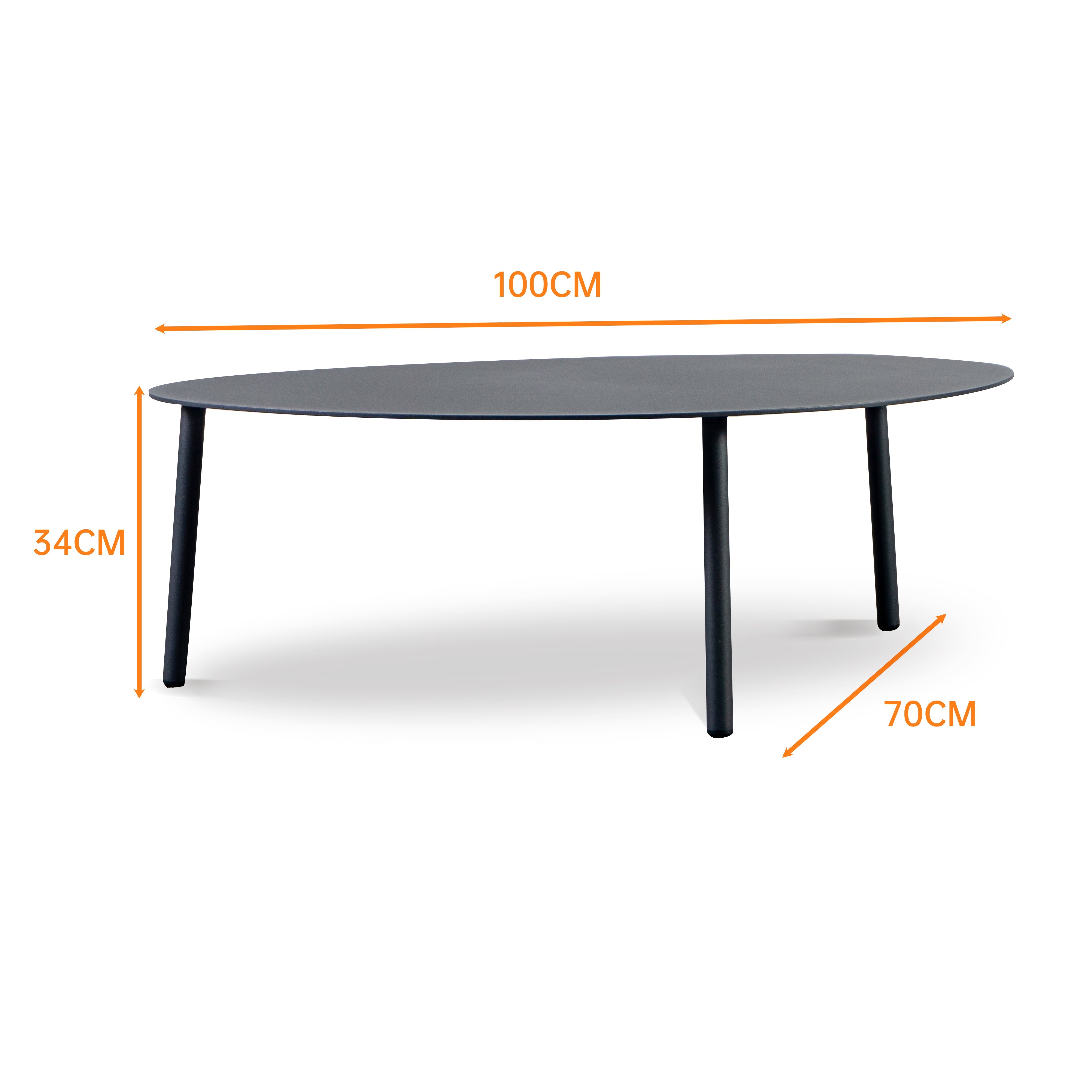 Finqa Valencia-L Lounge Beistelltisch mit eiförmigen, eleganten Konturen aus Aluminium-Pulverbeschichtung, inspiriert von mediterraner Küste, ideal für stilvolle Innen- und Außenbereiche. Maße: 100/70/34 cm.