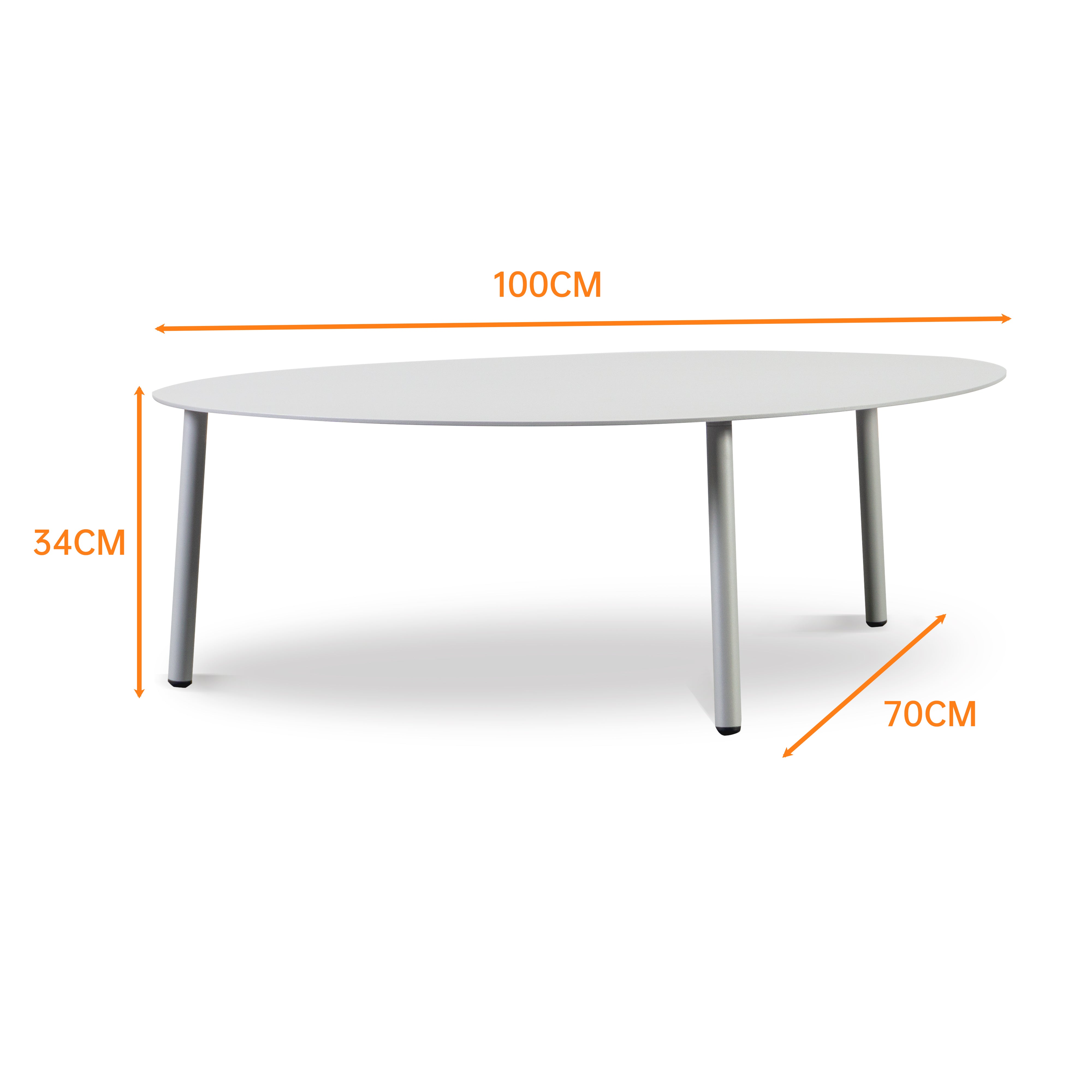 Finqa Valencia-L Lounge Beistelltisch: Eiförmig, elegantes Design mit Metallbein, inspiriert von Valencia. Pulverbeschichtetes Aluminium, robust und wetterfest. Ideal für stilvolle Innen- und Außenbereiche. Maße: 100/70/34 cm.