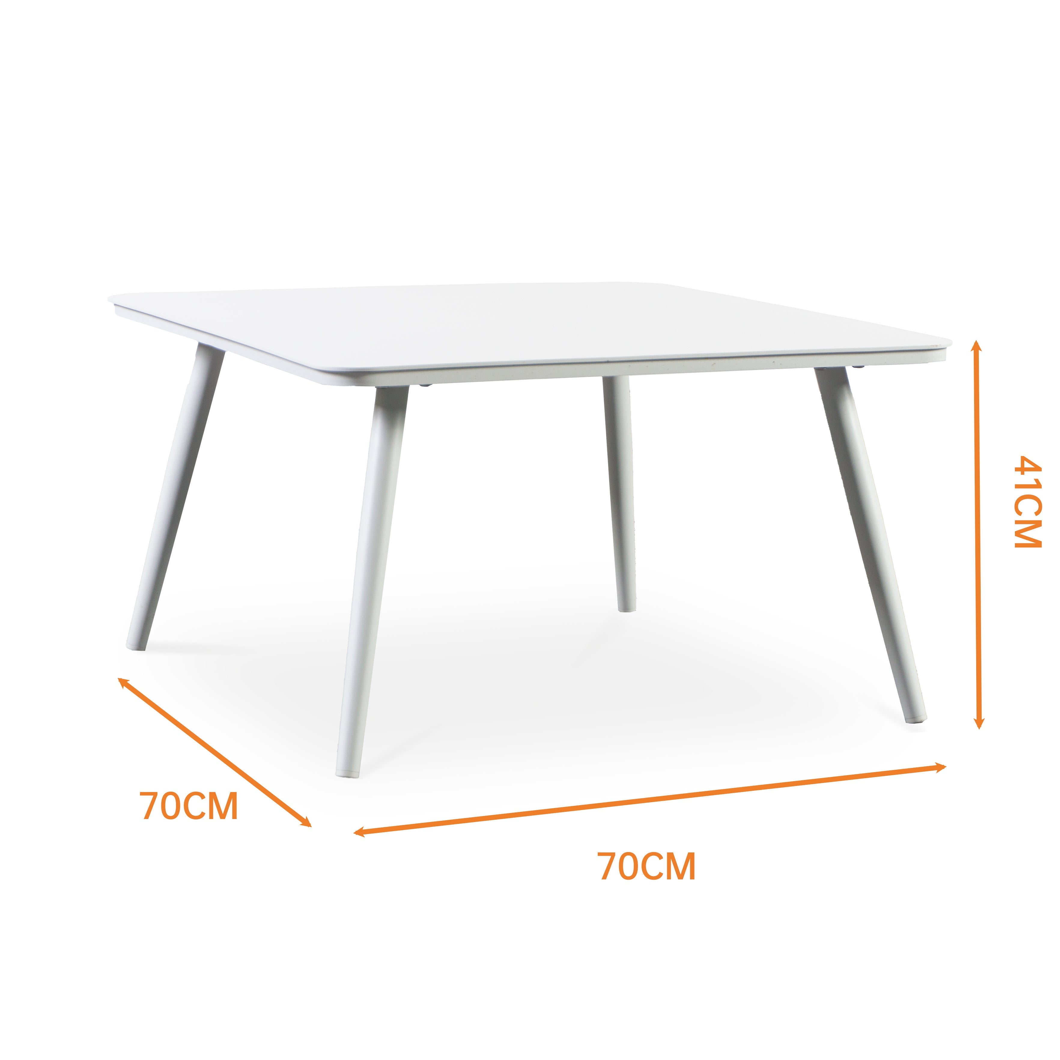 Finqa Menorca Loungetisch Aluminium-Pulverbeschichtung Quadrat-Tischplatte, moderner weißer Beistelltisch mit 70 cm Breite und Tiefe, 41 cm Höhe, ideal für vielseitige Nutzung drinnen und draußen.
