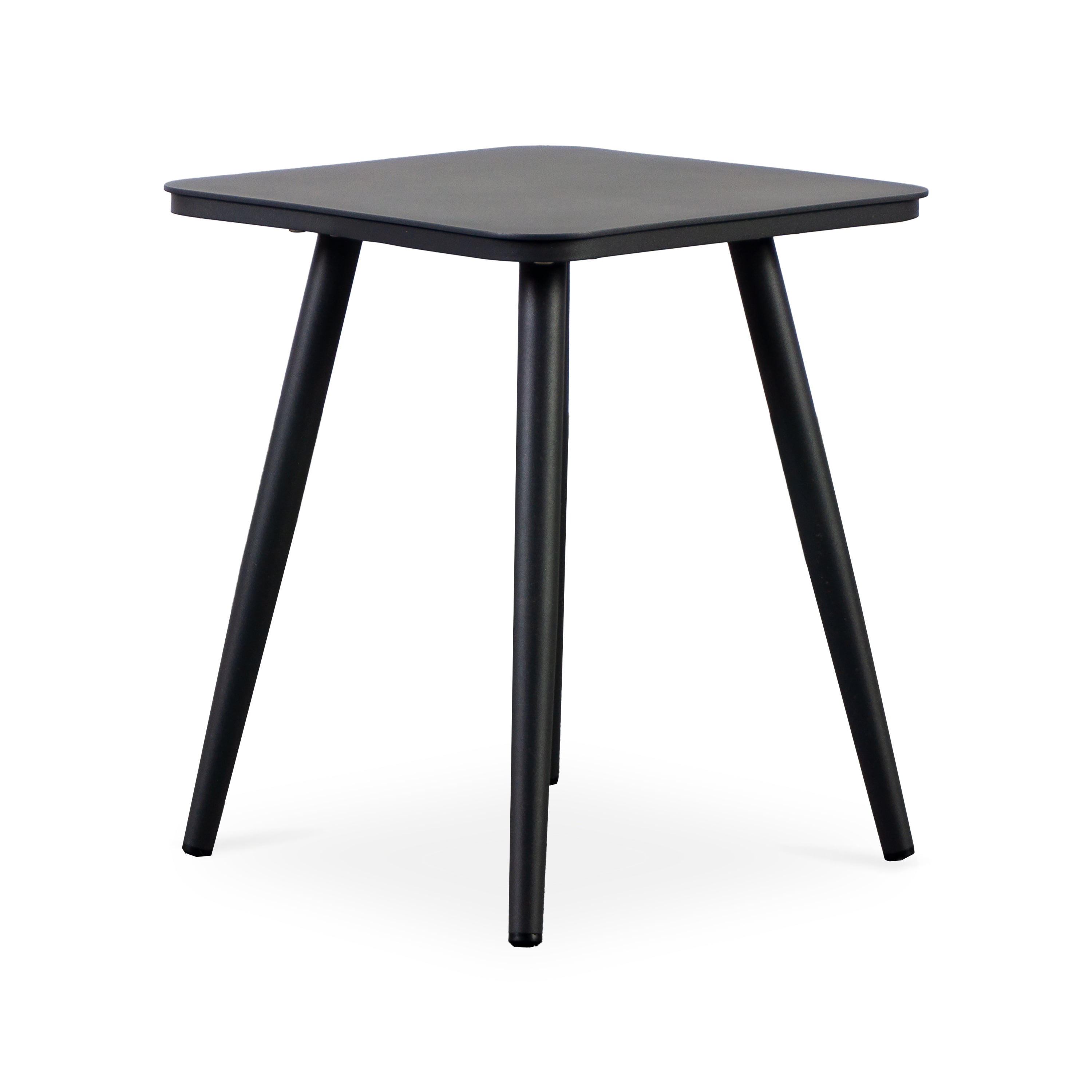 Finqa Split Lounge Beistelltisch Aluminium-Pulverbeschichtung Quadrat-Tischplatt: Moderner, kleiner quadratischer Tisch mit sanft abgerundeten Ecken und schlanken, leicht konischen Beinen in mattem Schwarz, ideal für Garten, Balkon oder Terrasse.