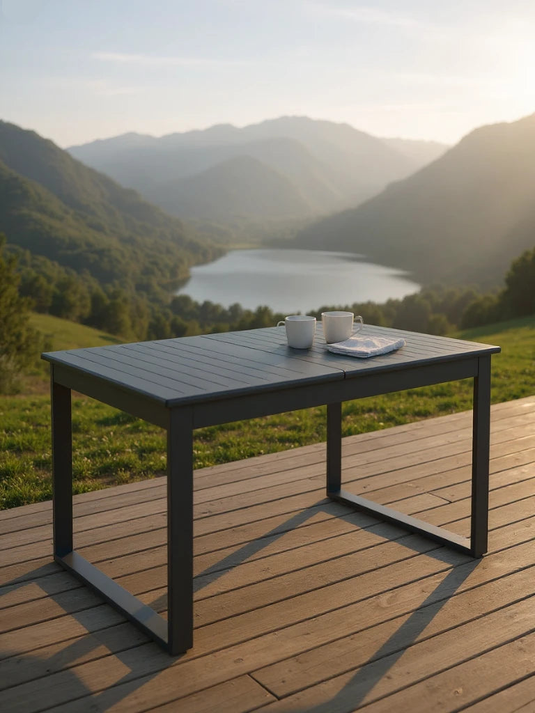 Warschau Ausziehbarer Esstisch Aluminium-Pulverbeschichtung Rechteckig Dunkelgrau auf Holzterrasse, mit zwei weißen Tassen und Serviette, vor idyllischer Berg- und Seelandschaft im sanften Licht.