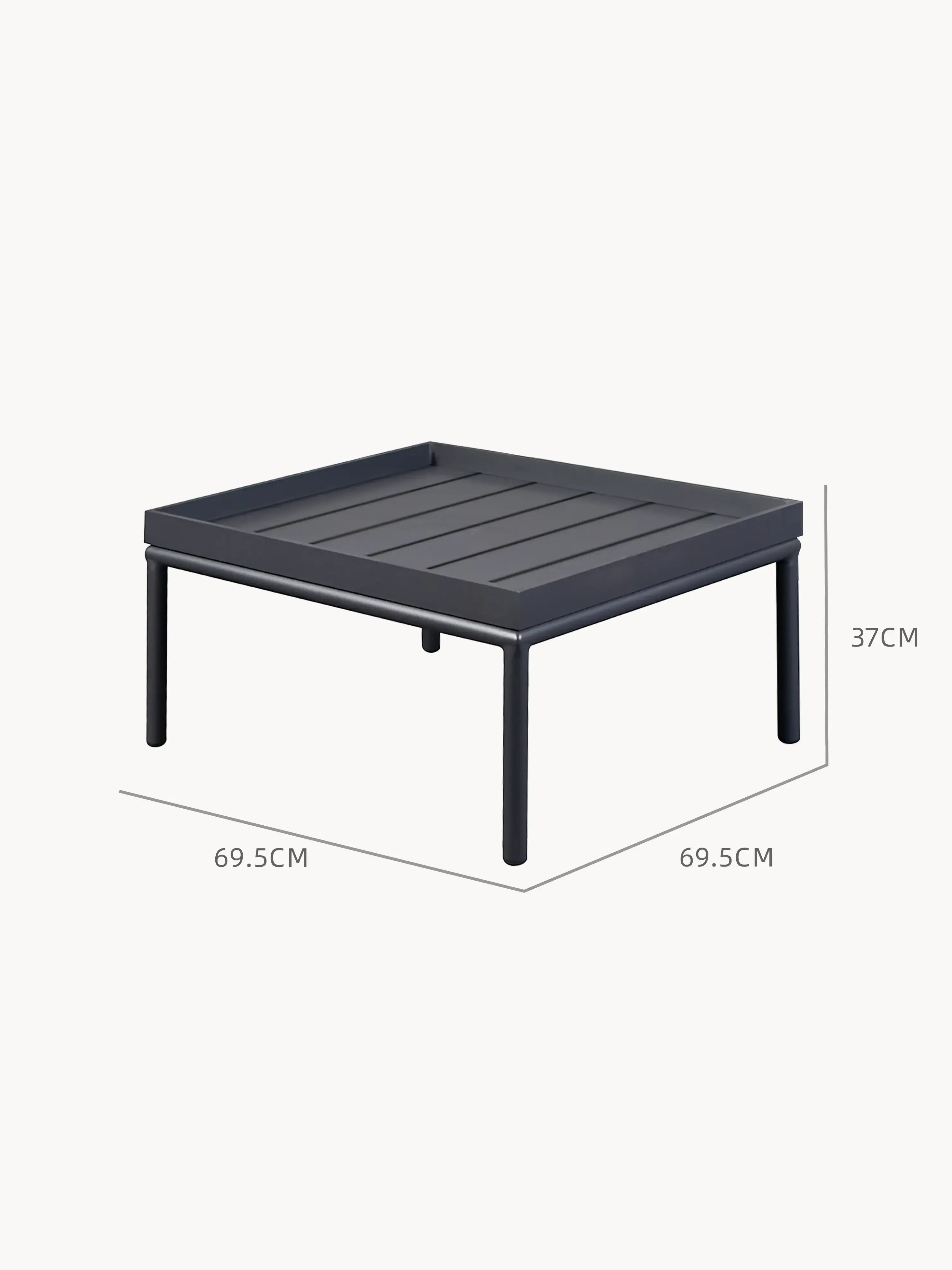 Amsterdam Lounge-Lodi Aluminium-Couchtisch mit abnehmbarer Tischplatte als Serviertablett, pulverbeschichtetem Rahmen und leicht zu reinigenden Aussparungen, passend für modulare Outdoor-Sofas von Finqa.