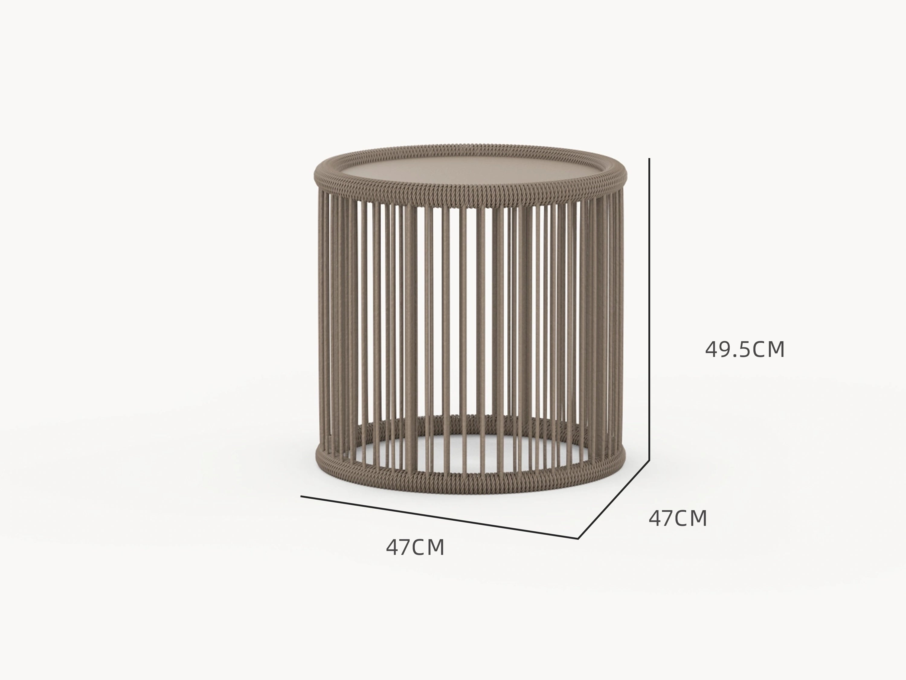 Kapalai runder Garten-Beistelltisch mit kunstvoll verflochtenem Seildesign, das moderne Eleganz ausstrahlt. Perfekt für flexible Gartengestaltung mit anderen Finqa-Modulen.