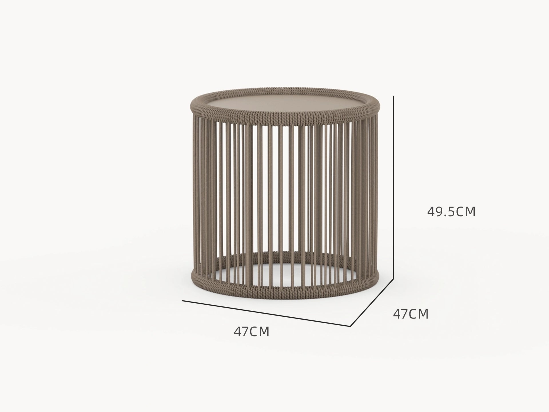 Kapalai runder Garten-Beistelltisch mit kunstvoll verflochtenem Seildesign, das moderne Eleganz ausstrahlt. Perfekt für flexible Gartengestaltung mit anderen Finqa-Modulen.