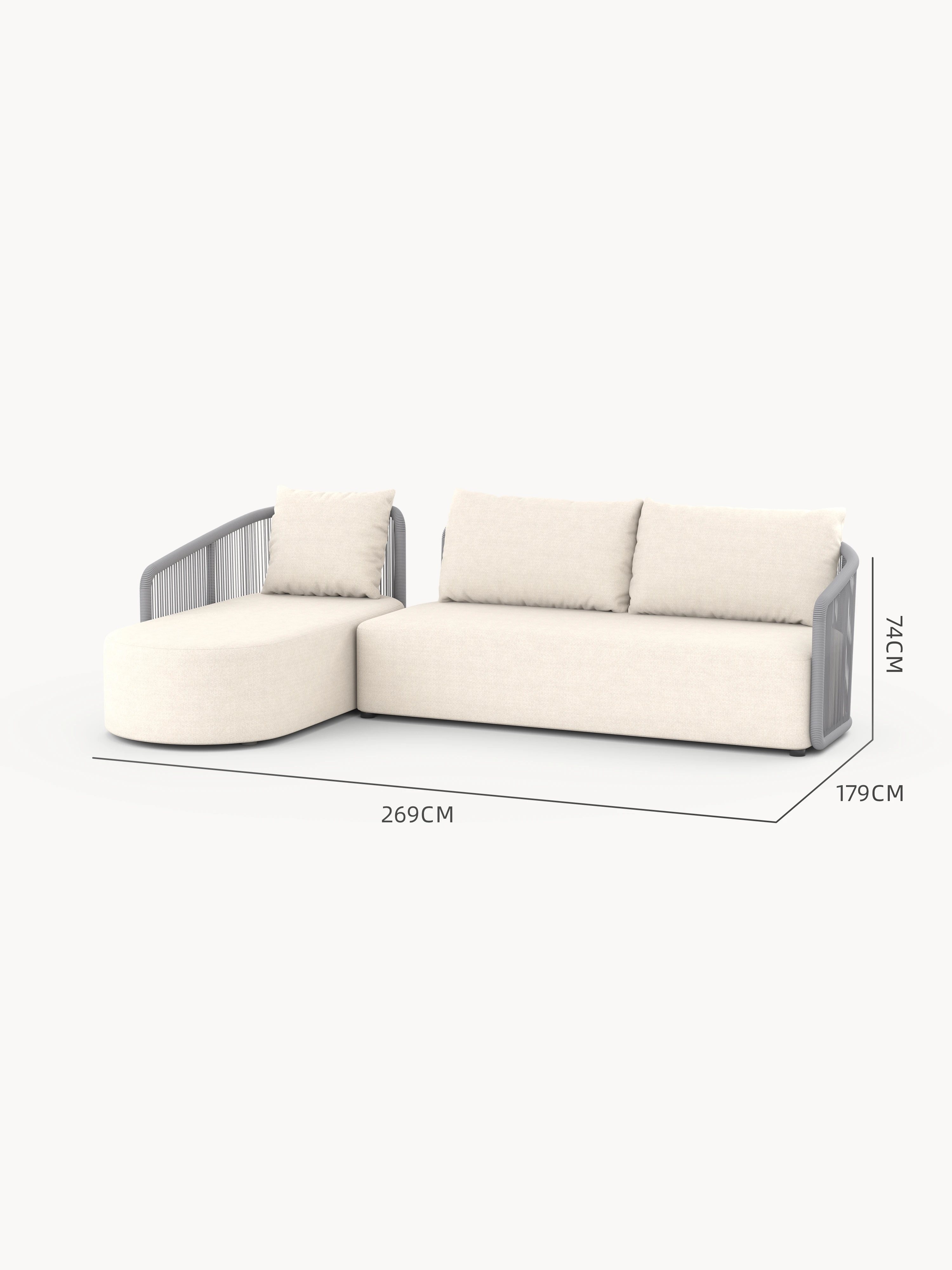 Kapalai Garten Loungesofa Set (4-Sitzer) mit hellbeigen Polstern, L-Form, graues seilumwickeltes Metallgestell, 269 cm x 179 cm, niedrige Profilhöhe, ideal für stilvolle, flexible Garteneinrichtung.