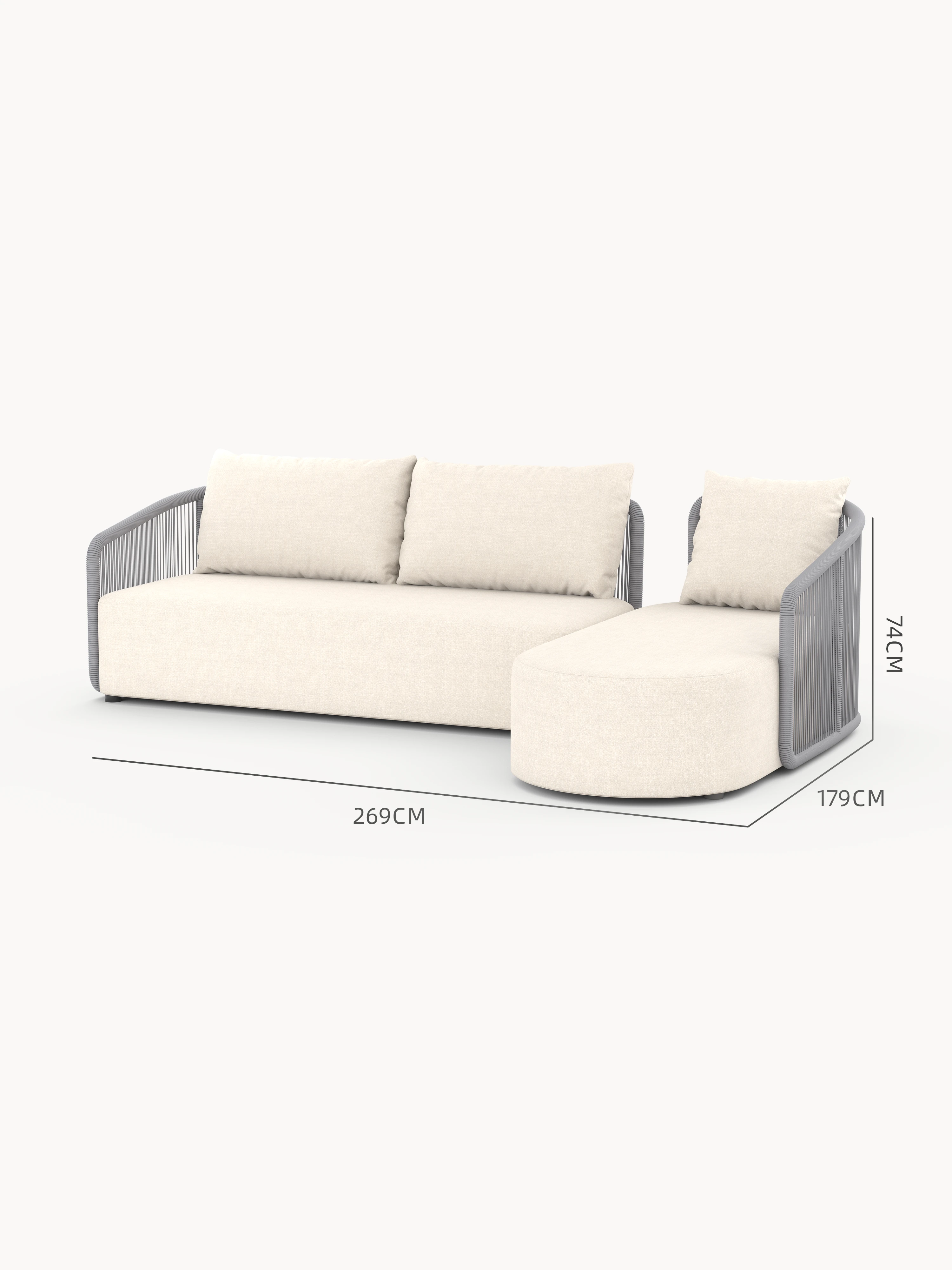 Kapalai Garten Loungesofa Set (4-Sitzer): Modernes, zweiteiliges Sofa mit hellem Beige-Stoff, grauen Seil-umwickelten Armlehnen, und Maßen: Breite 269 cm, Tiefe 179 cm, Höhe 74 cm.