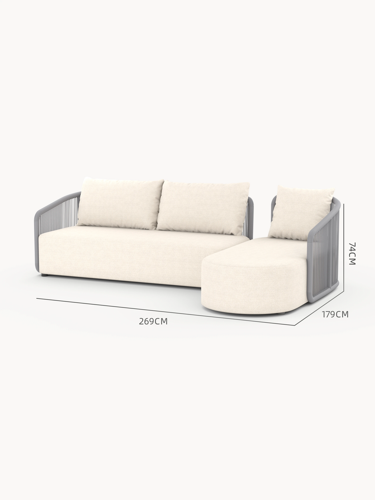 Kapalai Garten Loungesofa Set (4-Sitzer): Modernes, zweiteiliges Sofa mit hellem Beige-Stoff, grauen Seil-umwickelten Armlehnen, und Maßen: Breite 269 cm, Tiefe 179 cm, Höhe 74 cm.