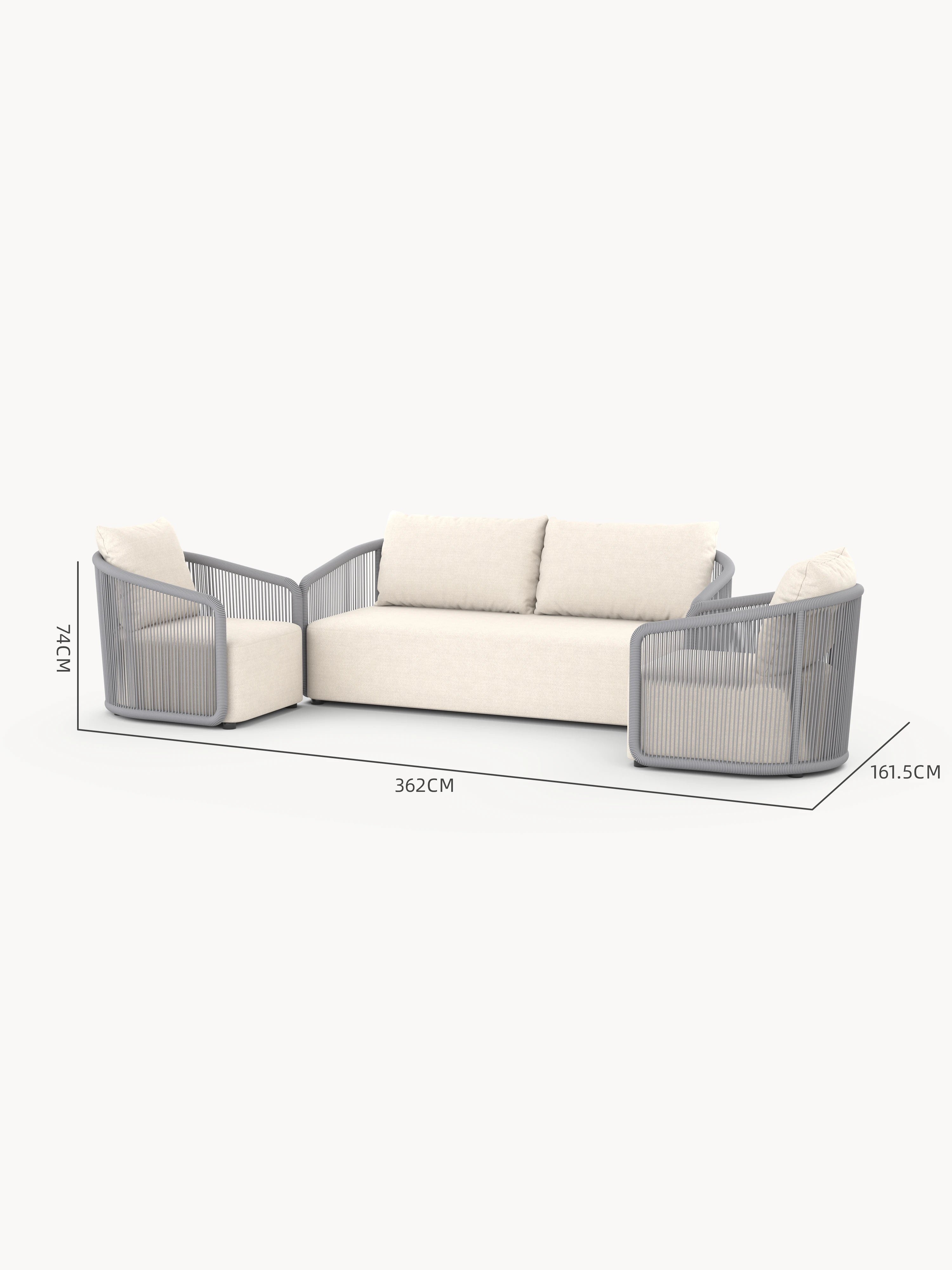 Kapalai Garten Loungesofa Set (4-Sitzer) mit grauem, seilgeflechtverziertem Rahmen und beigen Polstern, bestehend aus drei modularen Teilen, ideal für stilvolle, flexible Gartengestaltung bei Finqa GmbH.