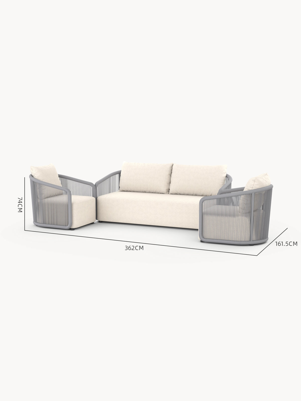 Kapalai Garten Loungesofa Set (4-Sitzer) mit grauem, seilgeflechtverziertem Rahmen und beigen Polstern, bestehend aus drei modularen Teilen, ideal für stilvolle, flexible Gartengestaltung bei Finqa GmbH.