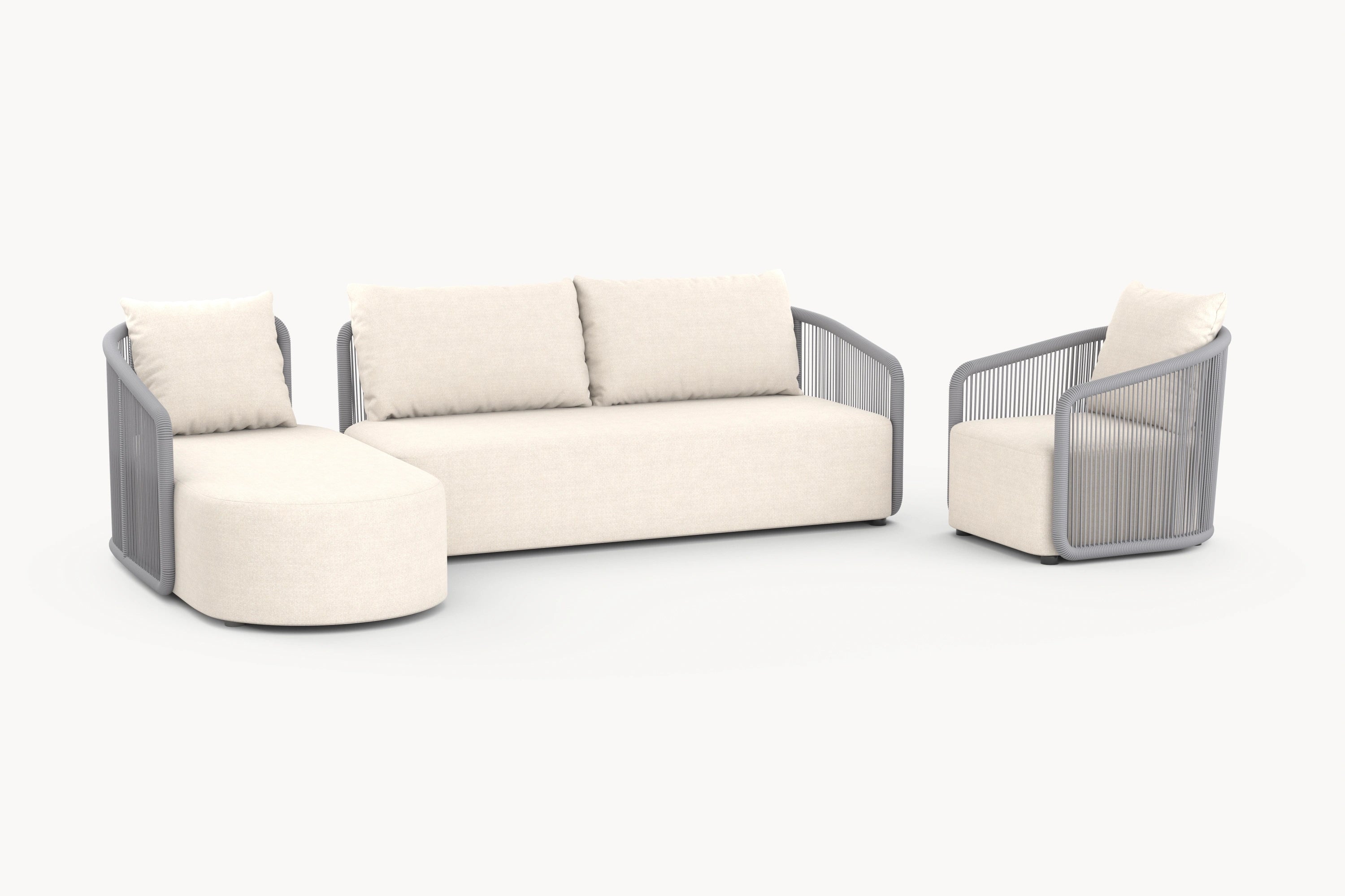 Kapalai Garten Loungesofa Set (5-Sitzer) mit geschwungenen Linien und weißen Kissen, inspiriert von maritimen Elementen, bietet modularen Komfort und Flexibilität für stilvolle Outdoor-Gestaltung.