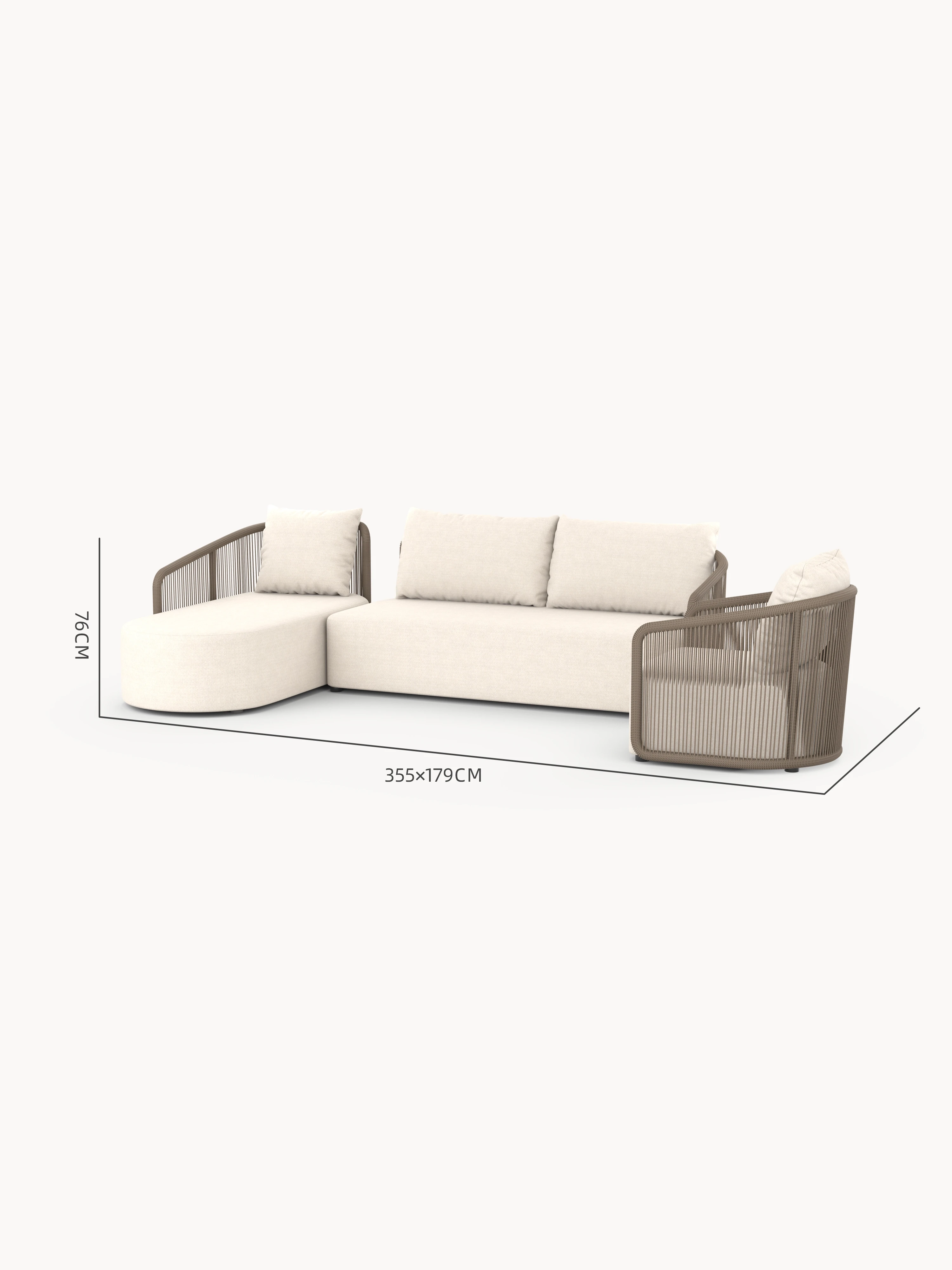 Kapalai Garten Loungesofa Set (5-Sitzer): Ein modernes, modulares L-förmiges Sofa mit pulverbeschichtetem Metallrahmen, wetterfesten Seilen und dicken, weißen Polstern, ideal für stilvolle, flexible Outdoor-Gestaltung.