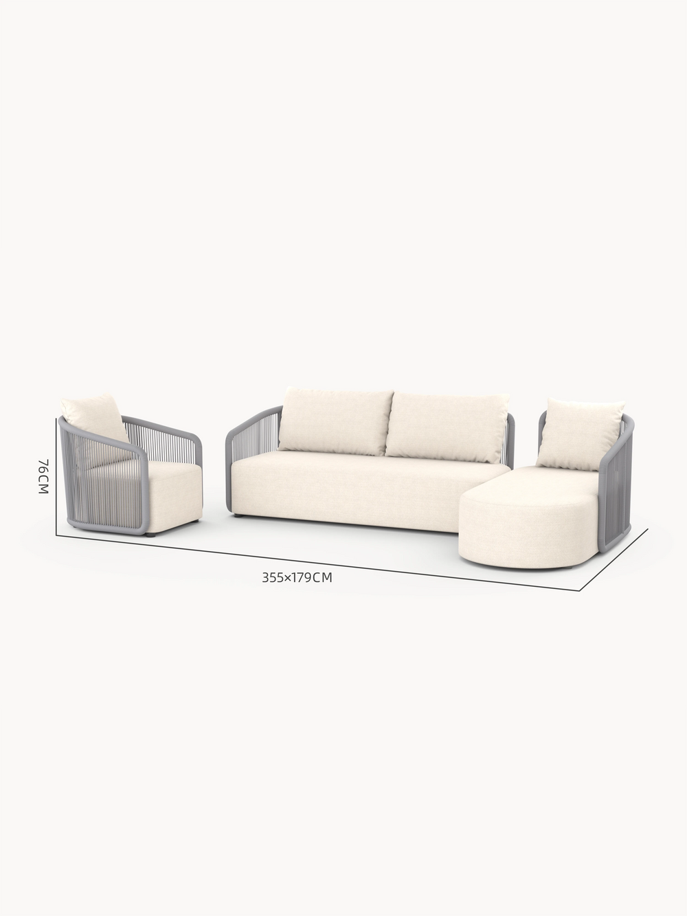 Kapalai Garten Loungesofa Set (5-Sitzer): Dreiteiliges modulares Set mit grauem Seilrahmen und beigen Kissen, bestehend aus Lounge-Sessel, Dreisitzer-Sofa und Chaiselongue, ideal für stilvolle Outdoor-Entspannung.