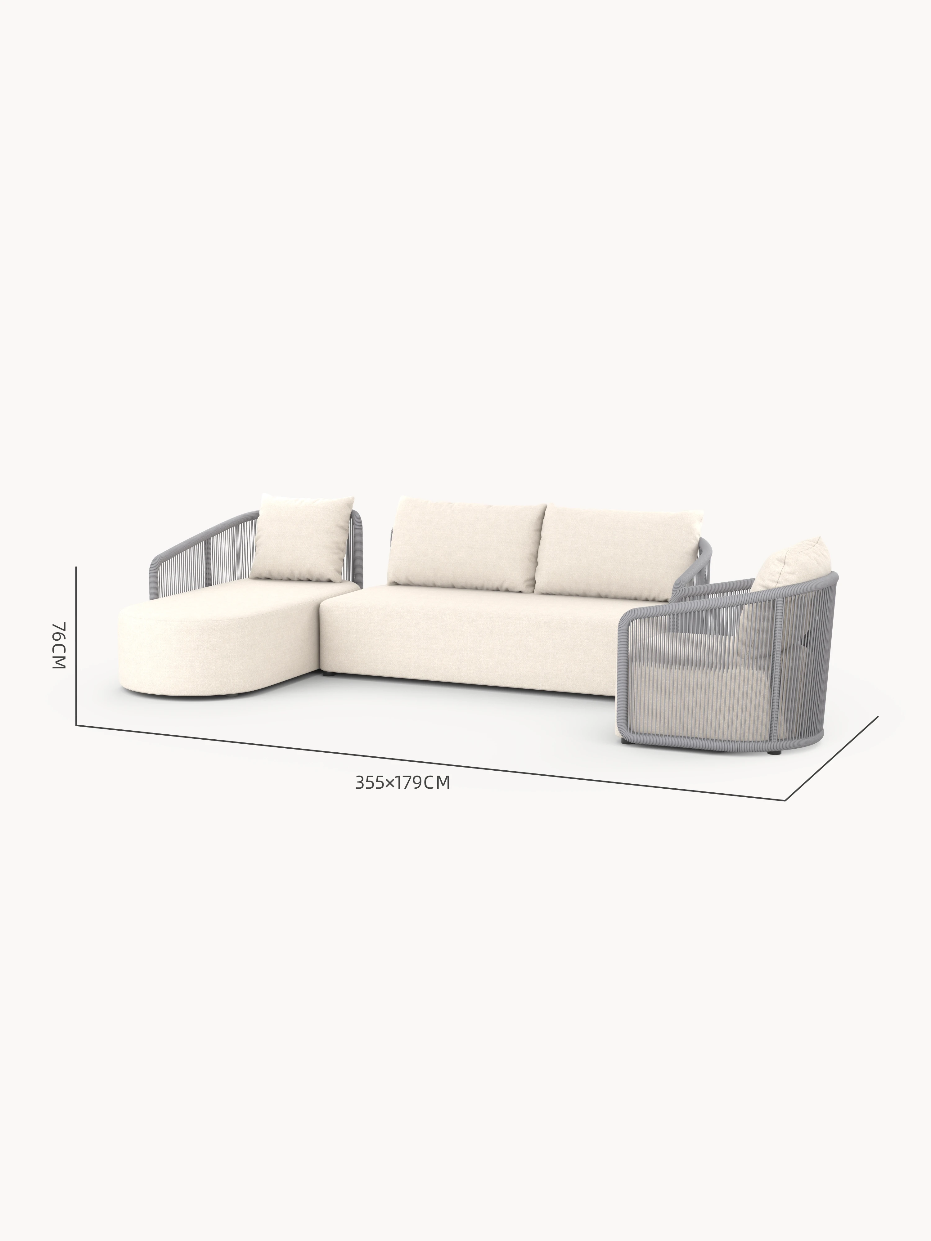 Kapalai Garten Loungesofa Set (5-Sitzer) mit modularen, L-förmigen Elementen: links Chaiselongue, mittig Dreisitzer, rechts Rundsessel. Seilgewickelter Metallrahmen, beige Polster, ideal für stilvolle Outdoor-Entspannung.