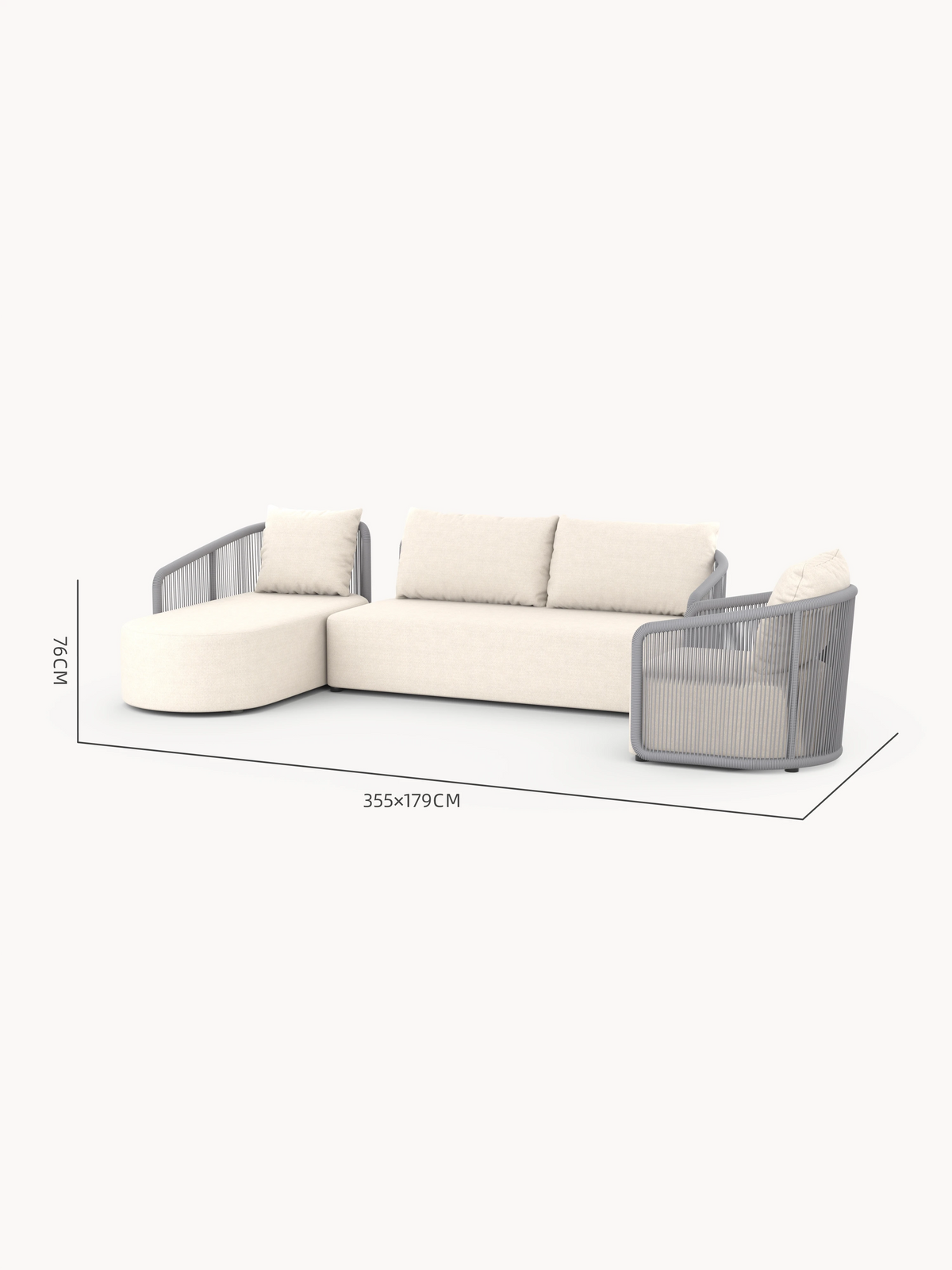 Kapalai Garten Loungesofa Set (5-Sitzer) mit modularen, L-förmigen Elementen: links Chaiselongue, mittig Dreisitzer, rechts Rundsessel. Seilgewickelter Metallrahmen, beige Polster, ideal für stilvolle Outdoor-Entspannung.
