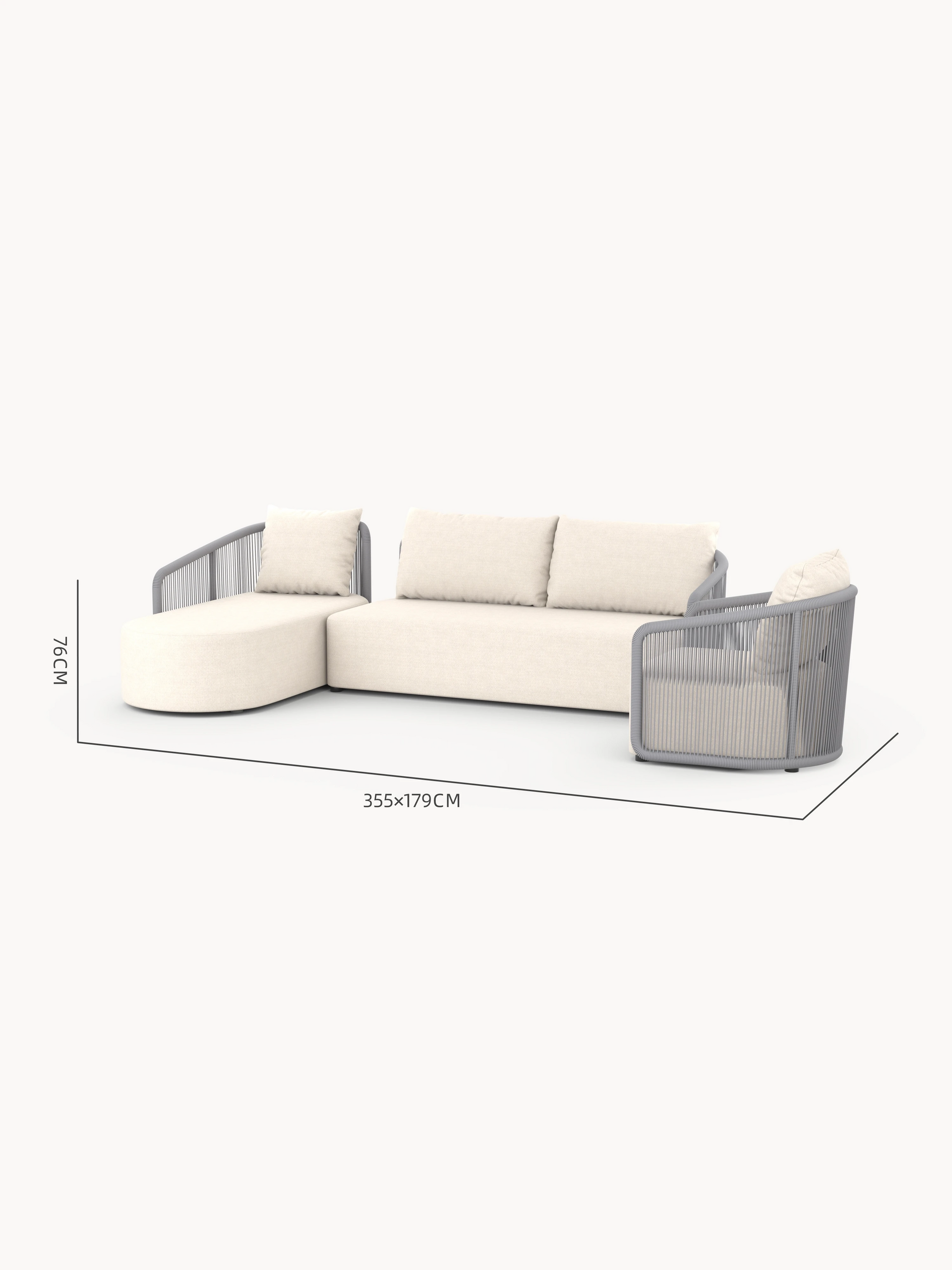 Kapalai Garten Loungesofa Set (5-Sitzer) mit modularen, L-förmigen Elementen: links Chaiselongue, mittig Dreisitzer, rechts Rundsessel. Seilgewickelter Metallrahmen, beige Polster, ideal für stilvolle Outdoor-Entspannung.