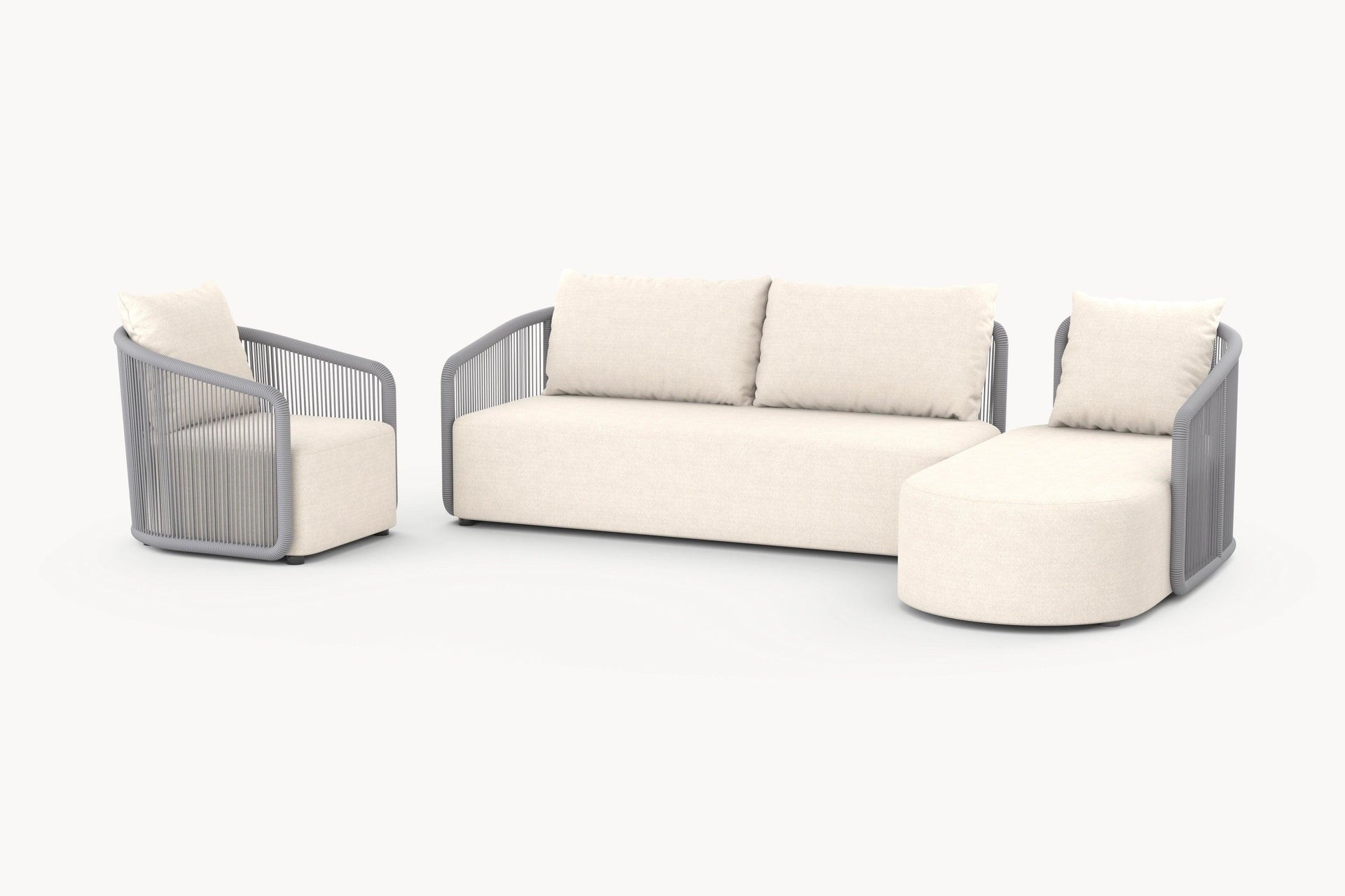 Kapalai Garten Loungesofa Set (5-Sitzer): Modulares Set mit grauem Seildesign, bestehend aus Sessel, Zweisitzer-Sofa und Chaiselongue. Ideal für moderne, stilvolle Outdoor-Bereiche.